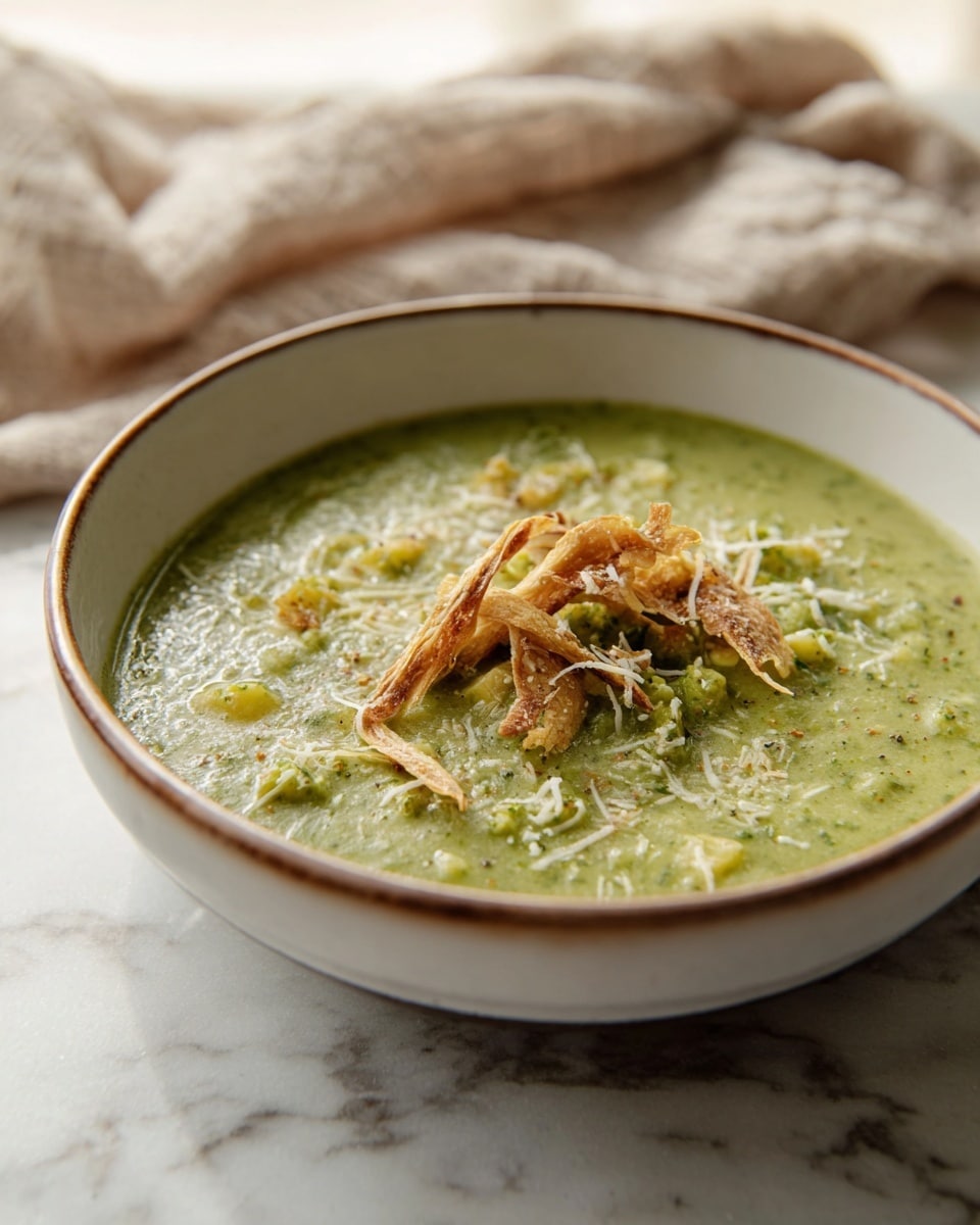 A white bowl with a brown rim holds a creamy green soup filled with small pieces of yellow and light green vegetables mixed into the thick texture. On top, there are two small piles of light brown, thin, folded strips, lightly browned and sprinkled with fine white shreds. The bowl rests on a white marbled surface, and a soft, beige cloth is blurred in the background. Photo taken with an iphone --ar 4:5 --v 7
