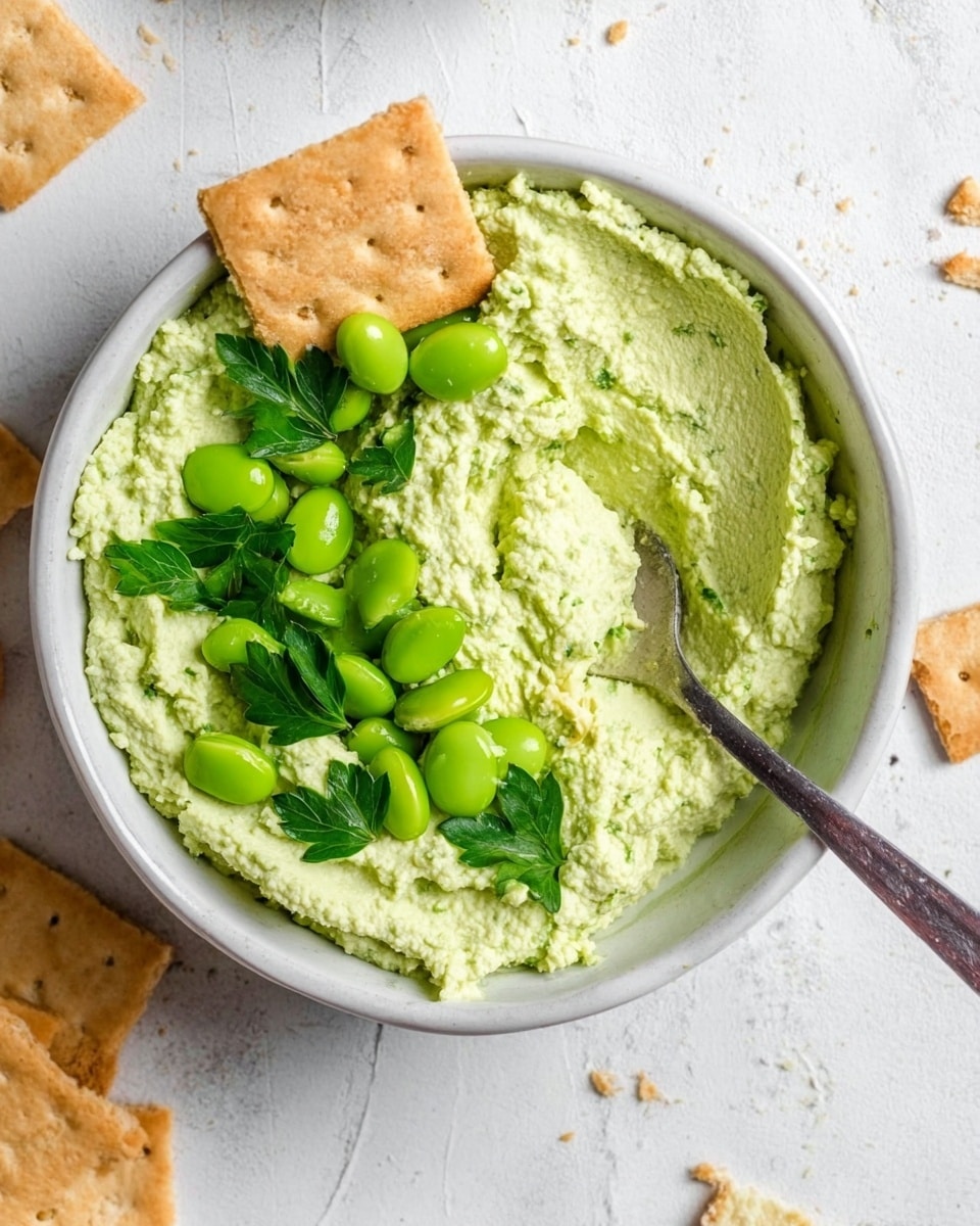 A white bowl filled with a creamy light green dip with a smooth but slightly textured surface. The dip is topped with a few bright green whole beans and fresh green parsley leaves scattered on top. On the left edge of the bowl, a light brown square cracker is dipped partly into the dip. A silver spoon with some dip on it rests inside the bowl on the right side. The bowl sits on a white marbled surface with more crackers scattered partially out of the frame. Photo taken with an iphone --ar 4:5 --v 7
