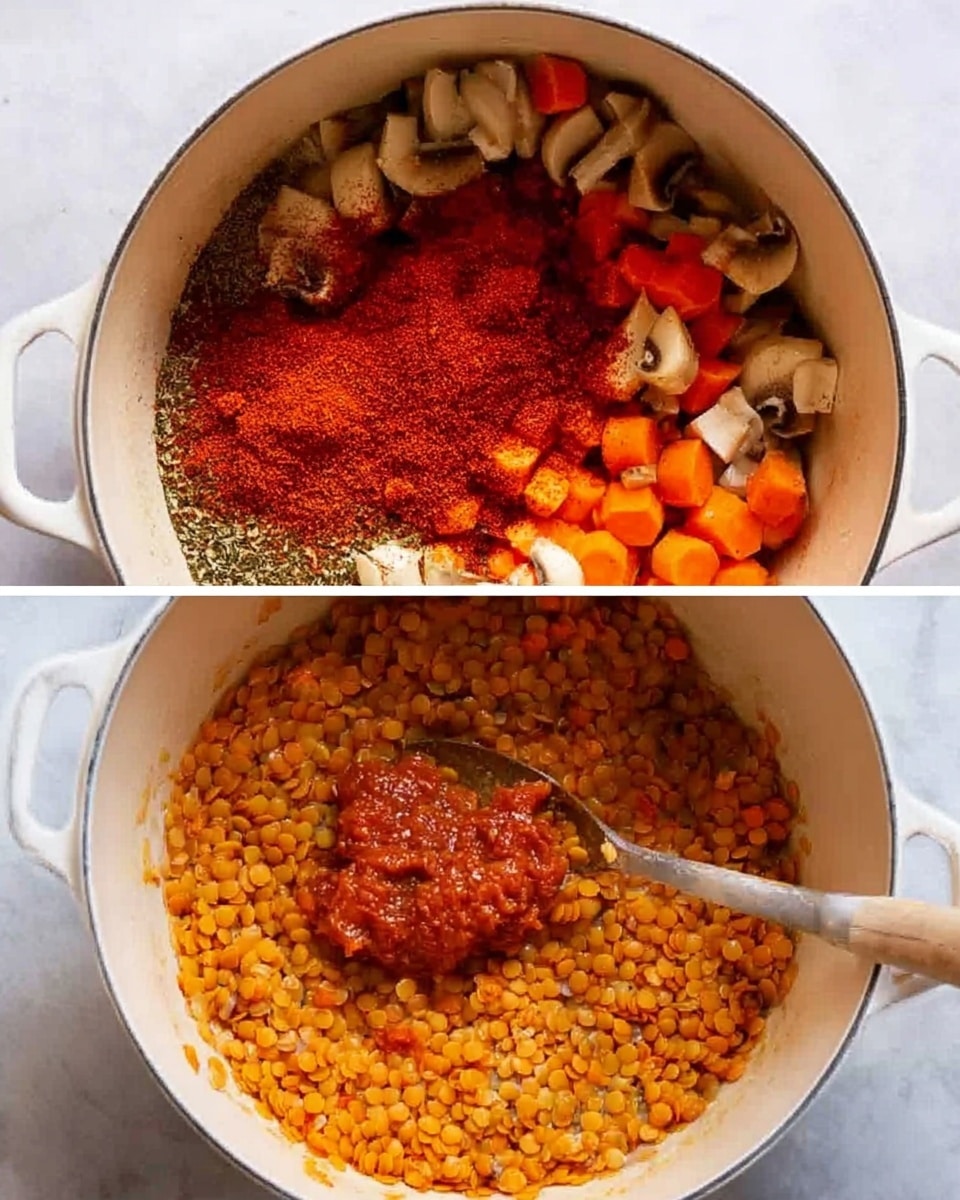 The image shows a white pot from above with cooked vegetables including orange carrot pieces and light brown mushrooms at the bottom. On top of the vegetables, there is a pile of red spice powder spread across the left side and some of the right side of the pot. The pot sits on a white marbled surface. The second part of the image shows the same white pot again from above, filled mostly with small orange lentils, leaving part of the cooked vegetables visible around the edges. There is a spoon resting inside the pot holding a dollop of thick red paste over the lentils. The background remains a white marbled surface. photo taken with an iphone --ar 4:5 --v 7