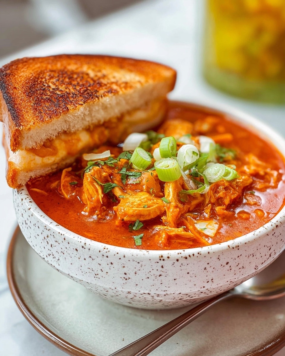 A white speckled bowl filled with thick reddish-orange soup, with visible chunks of cooked chicken pieces layered mostly on top, sprinkled with bright green sliced scallions and fresh chopped herbs. Resting on the edge of the bowl is a golden-brown toasted sandwich half showing a melted white cheese inside. The bowl sits on a matching saucer, all placed on a white marbled surface with a soft blurred background. Photo taken with an iphone --ar 4:5 --v 7