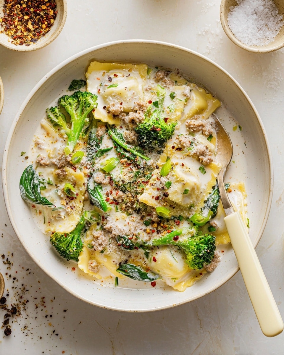 A white bowl filled with layers of ravioli pasta pieces that are light yellow, surrounded by bright green broccoli florets and fresh spinach leaves. The dish is covered with a creamy white sauce that has visible bits of cooked ground meat, likely sausage, mixed throughout. The top layer is sprinkled with crushed red pepper flakes and black pepper, adding specks of red and black. A spoon with a beige handle rests on the right side inside the bowl. The background is a white marbled surface with small bowls containing salt and pepper visible on the edges. Photo taken with an iphone --ar 4:5 --v 7