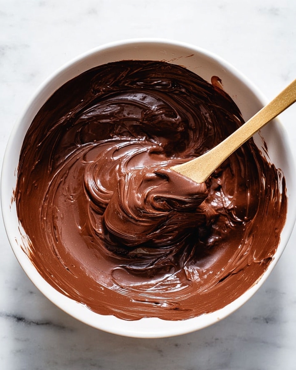 In a white bowl on a white marbled surface, there is a thick, smooth layer of dark brown melted chocolate that looks creamy and shiny, with swirls showing how it was mixed. A wooden spoon covered in the same rich chocolate rests inside the bowl, partly lifting the chocolate, creating soft peaks and gentle waves around it. The edges of the bowl have some smeared chocolate streaks, adding texture to the scene. photo taken with an iphone --ar 4:5 --v 7