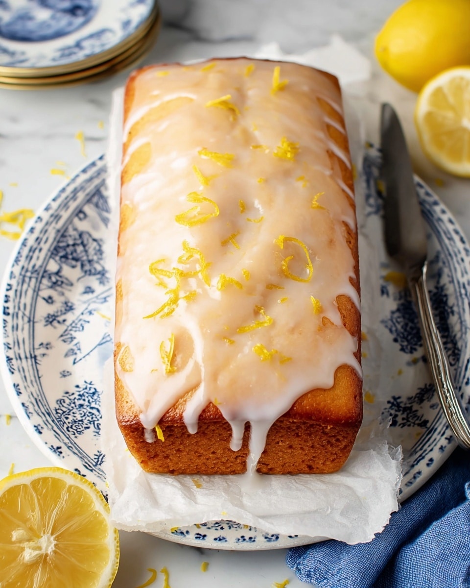 A rectangular lemon loaf cake with a golden brown base is topped with a thick layer of light beige glaze that drips slightly on the sides. Small bright yellow lemon zest pieces are scattered on the glaze, adding texture and color contrast. The cake rests on white parchment paper placed on a white plate with a blue decorative pattern around the edge, all set on a white marbled surface. Around the cake, there are two halves of a fresh yellow lemon and a blue cloth napkin. A silver knife is visible to the right side of the image. Photo taken with an iphone --ar 4:5 --v 7