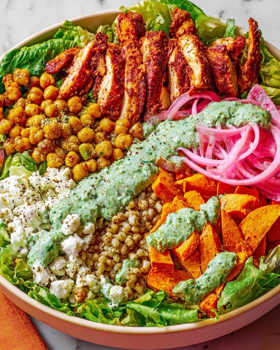 A colorful bowl filled with several layers of fresh, green leafy lettuce at the base. On top, there are layers of chopped nuts in light golden brown, roasted chickpeas in warm orange with seasoning, and slices of bright orange roasted sweet potatoes with dollops of green herb sauce. Near the bottom, there is a layer of cooked light brown grains topped with speckled green cream sauce, some creamy white cheese clusters to the left, and thinly sliced pink pickled onions dusted with black pepper at the front. On the left side, there are several pieces of grilled reddish-brown seasoned chicken strips resting over the greens. The bowl is white and sits on a white marbled surface. Photo taken with an iphone --ar 4:5 --v 7