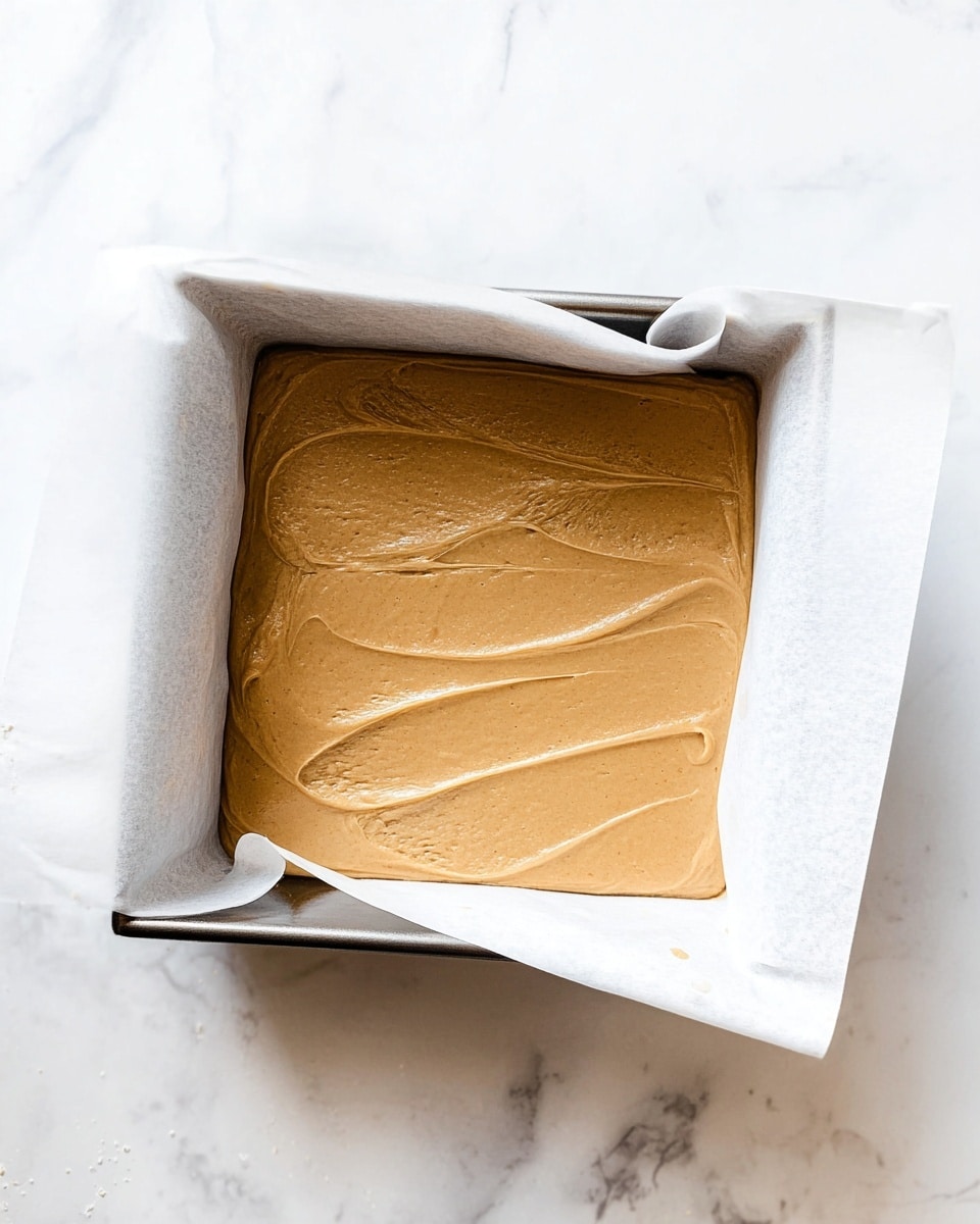 A metal square baking pan lined with white parchment paper holds one smooth layer of light brown, creamy batter spread evenly inside. The parchment paper extends over the pan’s edges with some brown batter marks on it. The pan sits on a white marbled surface with faint grey veins, creating a clean and bright background. Photo taken with an iphone --ar 4:5 --v 7