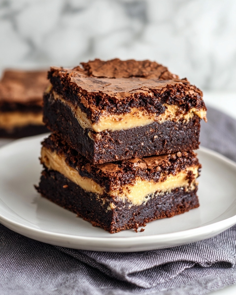 Two square brownies stacked on top of each other on a white plate. Each brownie has three layers: a cracked, textured dark brown top layer; a smooth, creamy light brown middle layer; and a dense, dark brown bottom layer. The edges of the brownies are slightly rough, and the texture looks soft and moist inside. The plate sits on a gray cloth with a white marbled surface in the background. photo taken with an iphone --ar 4:5 --v 7