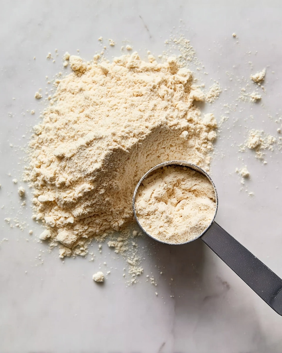 A pile of light beige flour with a soft, powdery texture sits on a white marbled surface. Next to the pile is a shiny metal measuring cup filled with the same flour, showing a slightly rough mix of fine and small clumps. The flour is loose and spread unevenly, with some scattered granules around the main heap. Photo taken with an iphone --ar 4:5 --v 7