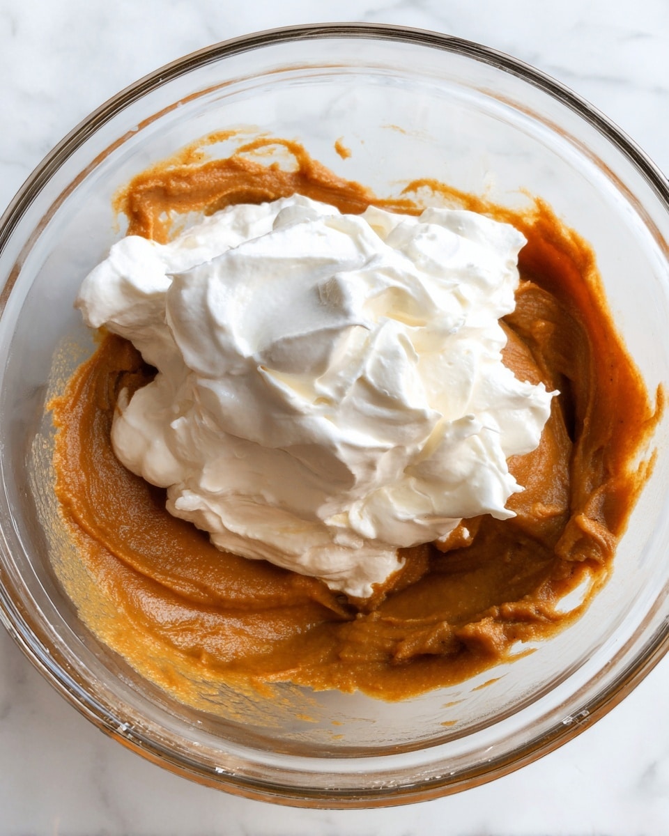 A clear glass bowl containing two main layers: a thick, smooth dark orange pumpkin mixture that fills most of the bowl and is spread unevenly along the sides, and a fluffy white cream layer sitting on top of the pumpkin mix in a dollop form with soft peaks and folds. The background is a white marbled surface. Photo taken with an iphone --ar 4:5 --v 7