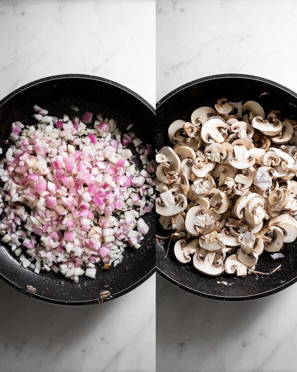 The image shows two black pans on a white marbled surface side by side. The left pan contains a layer of small diced pink and white onions spread evenly across the base, with a slightly soft texture. The right pan has the same onion layer underneath a fresh layer of light brown sliced mushrooms with white flesh, scattered on top to cover the onions. The pans are viewed from above with clear details of the ingredients. Photo taken with an iphone --ar 4:5 --v 7