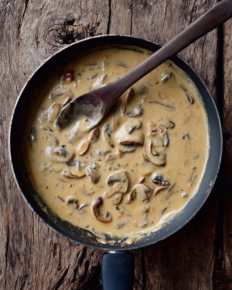 A black frying pan filled with thick creamy beige sauce with visible slices of brown mushrooms mixed in. A dark wooden spoon is resting inside the pan, partly covered by the sauce. The pan sits on a rough wooden board with deep texture and cracks. Photo taken with an iphone --ar 4:5 --v 7