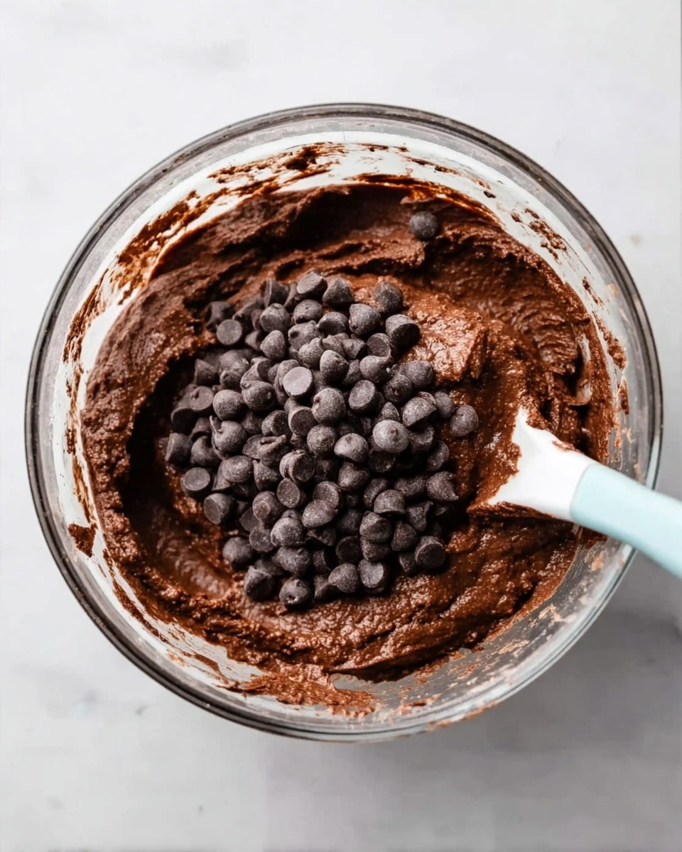 A clear glass bowl filled with thick, dark brown chocolate batter mixed unevenly, creating a textured surface inside. On top of the batter, a pile of shiny dark chocolate chips rests, slightly scattered but mostly centered. A white spoon with a light blue handle is partially dipped into the batter on the right side of the bowl. The bowl sits on a white marbled surface with some light chocolate smears visible around the inside edges. Photo taken with an iphone --ar 4:5 --v 7
