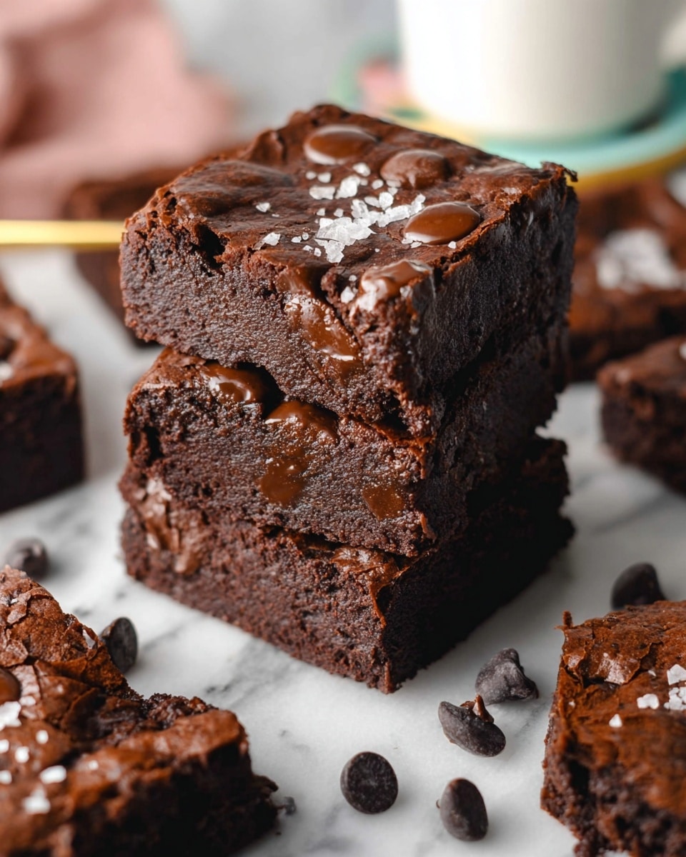 A stack of three thick, dark brown brownies sits on a white marbled surface, each square showing a rich, moist texture with melted chocolate chips embedded on top and inside. The brownies have a slightly cracked top layer sprinkled with coarse white salt flakes, adding contrast to the deep chocolate color. Around the stack, more brownies lie flat, some with visible melted chocolate patches, and several loose chocolate chips are scattered on the surface. A blurred white cup on a colorful coaster is visible in the background. Photo taken with an iphone --ar 4:5 --v 7