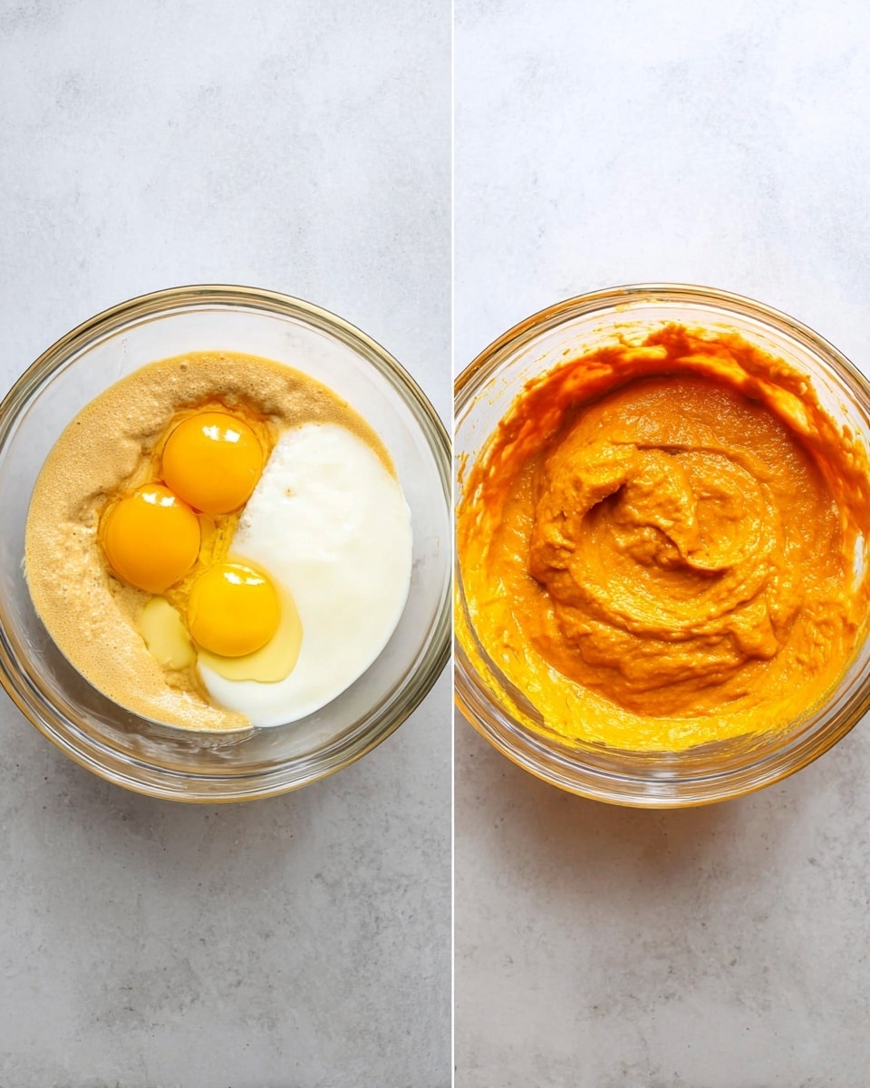 Two clear glass bowls sit side by side on a white marbled surface. The left bowl has five layers: two bright yellow egg yolks at the bottom right, smooth creamy white yogurt on top of the orange pumpkin puree layer, and a light beige wet ingredient surrounding them all. The right bowl shows the same mixture after blending into a smooth, thick, orange batter with a slightly shiny surface and swirled texture in the center. photo taken with an iphone --ar 4:5 --v 7