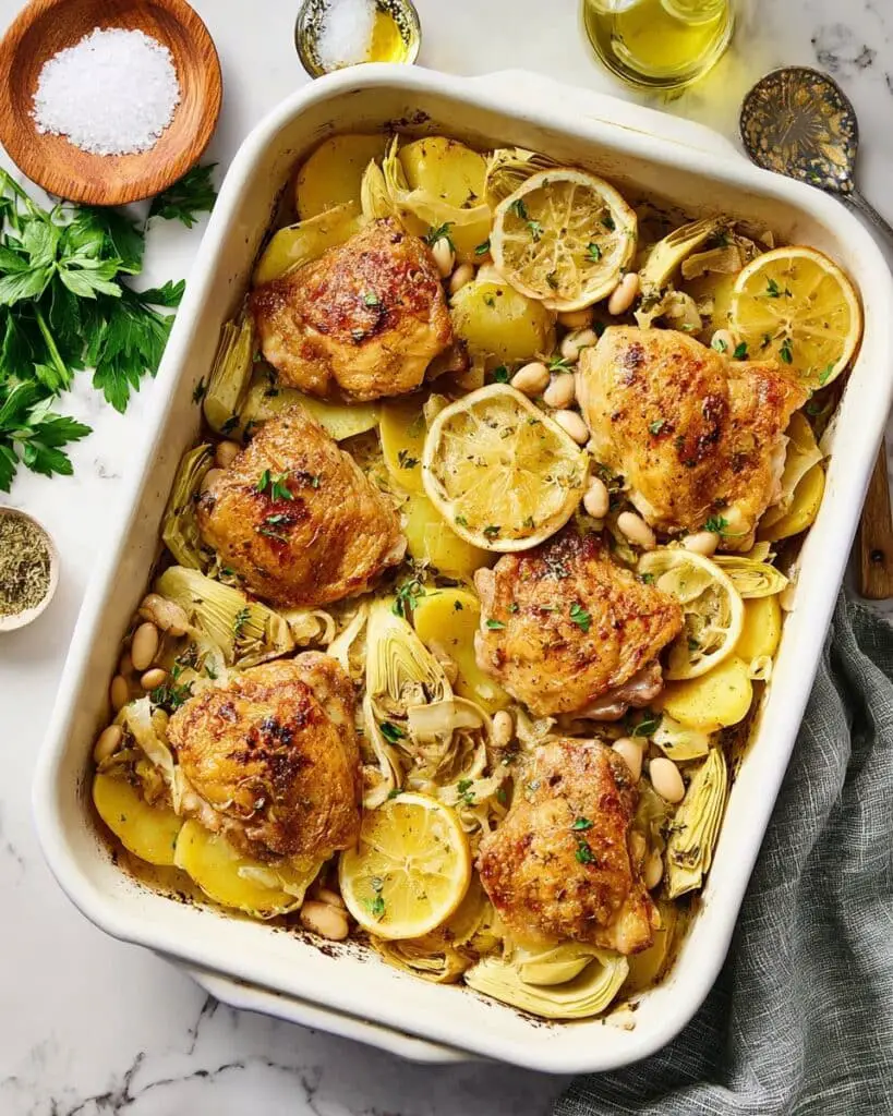 Oven Roasted Chicken with Potatoes, White Beans, and Artichokes Recipe
