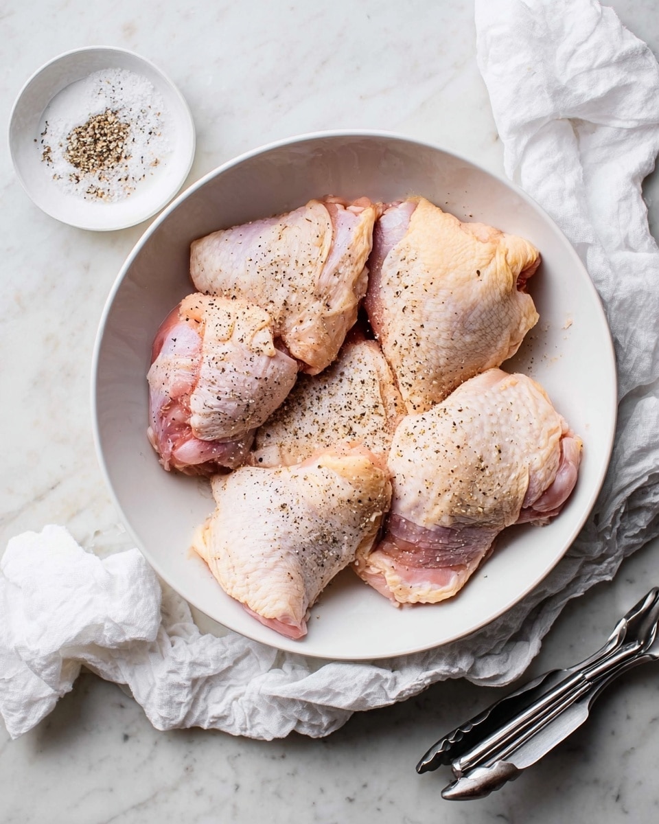 A white bowl holds six pieces of raw chicken thighs with skin on. The chicken pieces are light pink with some yellow fat areas and are sprinkled with black pepper and salt. The bowl is placed on a surface with white marbled texture. To the left of the bowl is a small white dish with more salt and pepper, and a crumpled white paper towel. A pair of silver metal tongs rests on the right edge of the bowl, partially on the marbled surface. photo taken with an iphone --ar 4:5 --v 7
