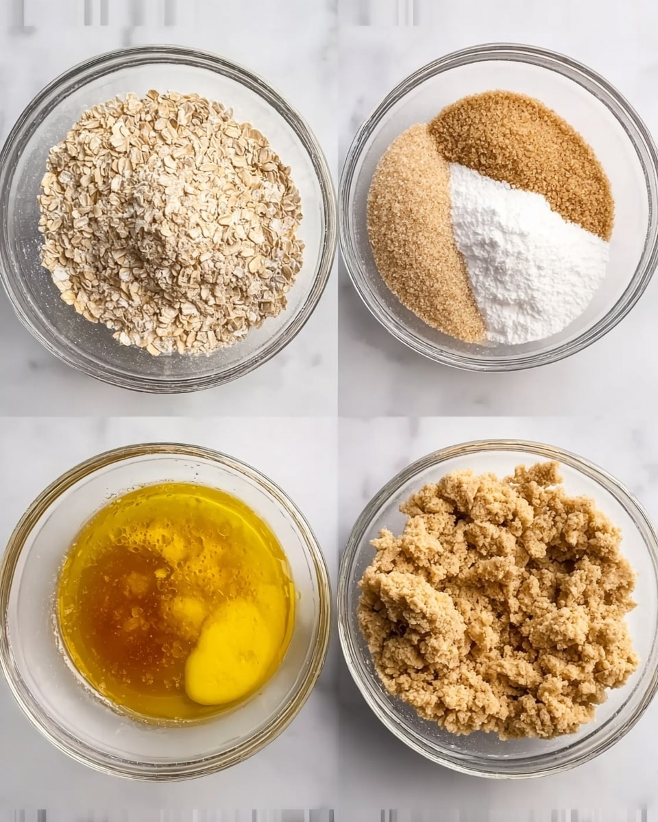 The image shows four clear glass bowls on a white marbled surface, arranged in a 2x2 grid. The top left bowl has three separate piles of dry ingredients: light brown oats on the left, white flour on the top right, and light brown sugar on the bottom right. The top right bowl shows these ingredients mixed together into a single, pale beige textured mixture with some small lumps. The bottom left bowl contains melted golden-yellow butter with some brown sugar dissolved in it, showing a shiny and smooth liquid texture. The bottom right bowl shows the combined mixture from the other ingredients, now forming a crumbly dough with a rough texture and mixed light brown and beige colors. photo taken with an iphone --ar 4:5 --v 7