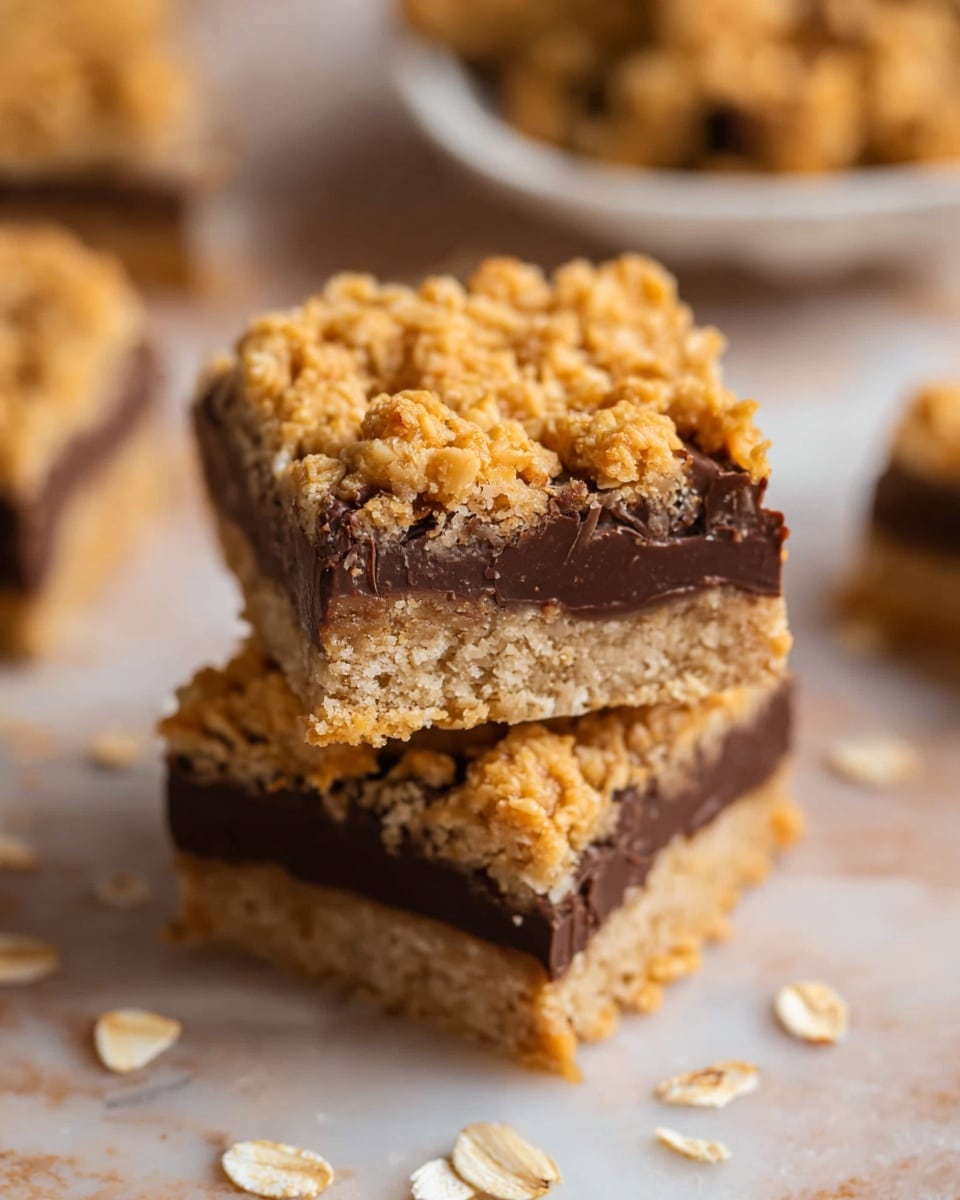 The image shows two square oat bars stacked on top of each other. Each bar has three layers: a bottom dark chocolate layer, a middle light tan crumbly dough layer, and a top layer of golden oat clusters with a rough texture. The bars sit on a white marbled surface with scattered oats around. There is a blurred shape of a white plate or bowl filled with more oat bars in the background. Photo taken with an iphone --ar 4:5 --v 7