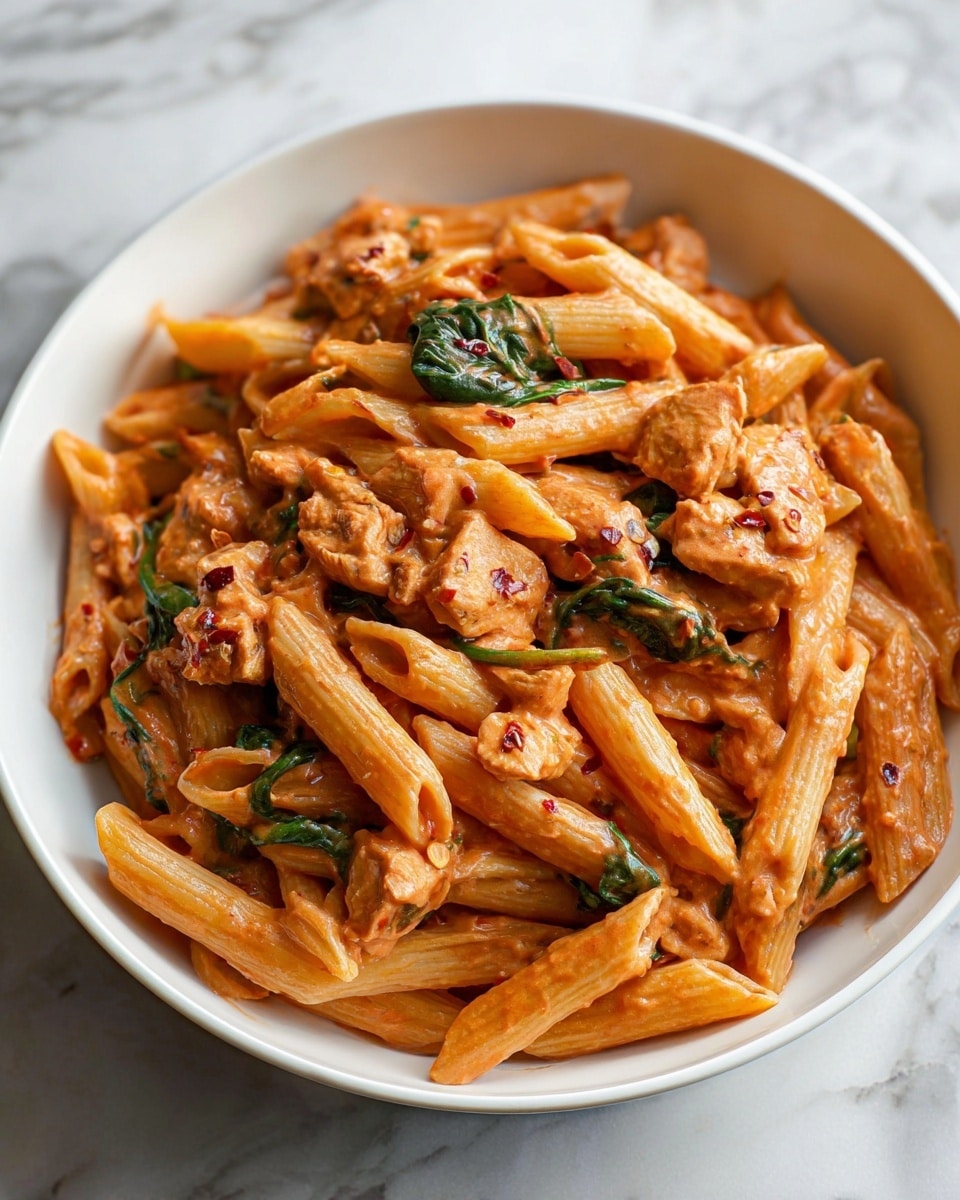 The image shows a white bowl filled with penne pasta covered in a creamy orange-red sauce. There are pieces of light brown cooked chicken and some dark green spinach leaves mixed in with the pasta. The sauce looks smooth with visible red pepper flakes sprinkled throughout. The pasta sits on a white marbled surface, and the overall look is rich and hearty. photo taken with an iphone --ar 4:5 --v 7
