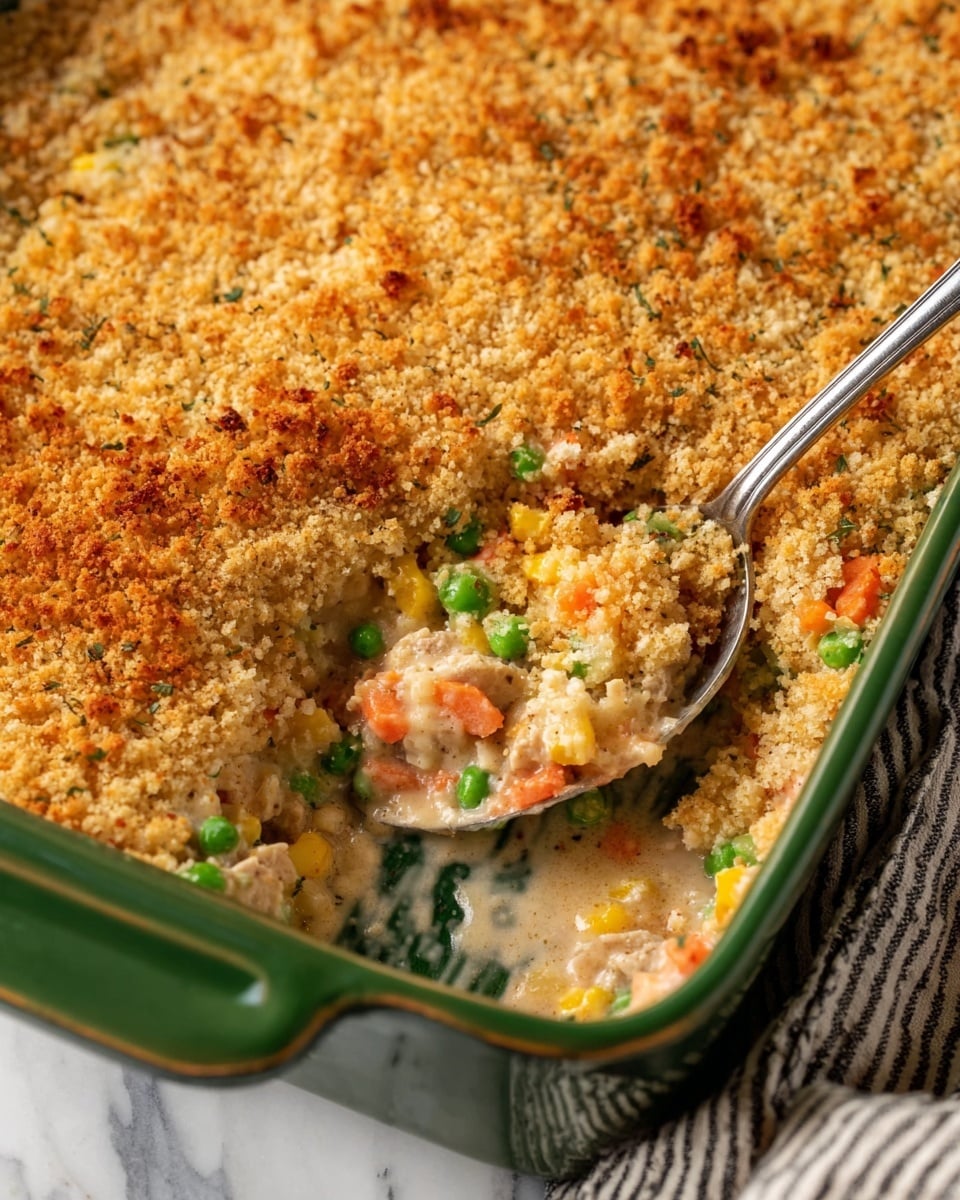 A close-up of a green rectangular baking dish filled with a layered casserole. The top layer is a golden brown, crumbly toasted breadcrumb crust with uneven texture and color, indicating a crisp finish. Below the crust is a creamy mixture with visible pieces of orange carrots, green peas, and small yellow corn kernels mixed with chunks of beige meat in a thick sauce. A metal spoon rests inside, scooping into the casserole to reveal these bright vegetable pieces beneath the crunchy top. The casserole dish is placed on a white marbled surface with a striped cloth partially visible on the side. photo taken with an iphone --ar 4:5 --v 7