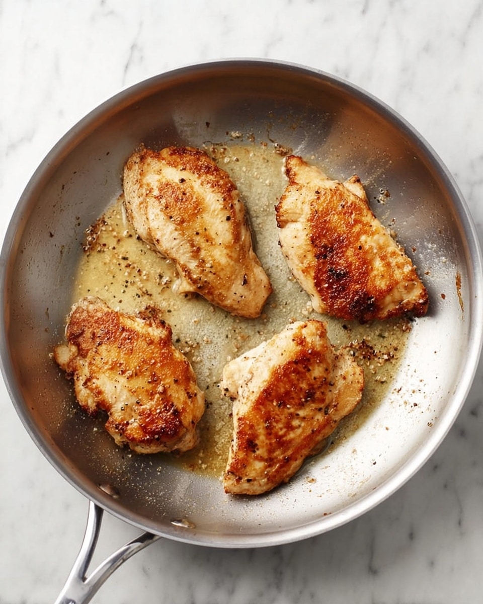 A silver pan with four browned pieces of cooked chicken with a light golden crust, each piece slightly different in shape and size, sitting evenly spaced in the pan. The pan shows bits of cooked seasoning and oil around the chicken. The background is a white marbled surface. photo taken with an iphone --ar 4:5 --v 7