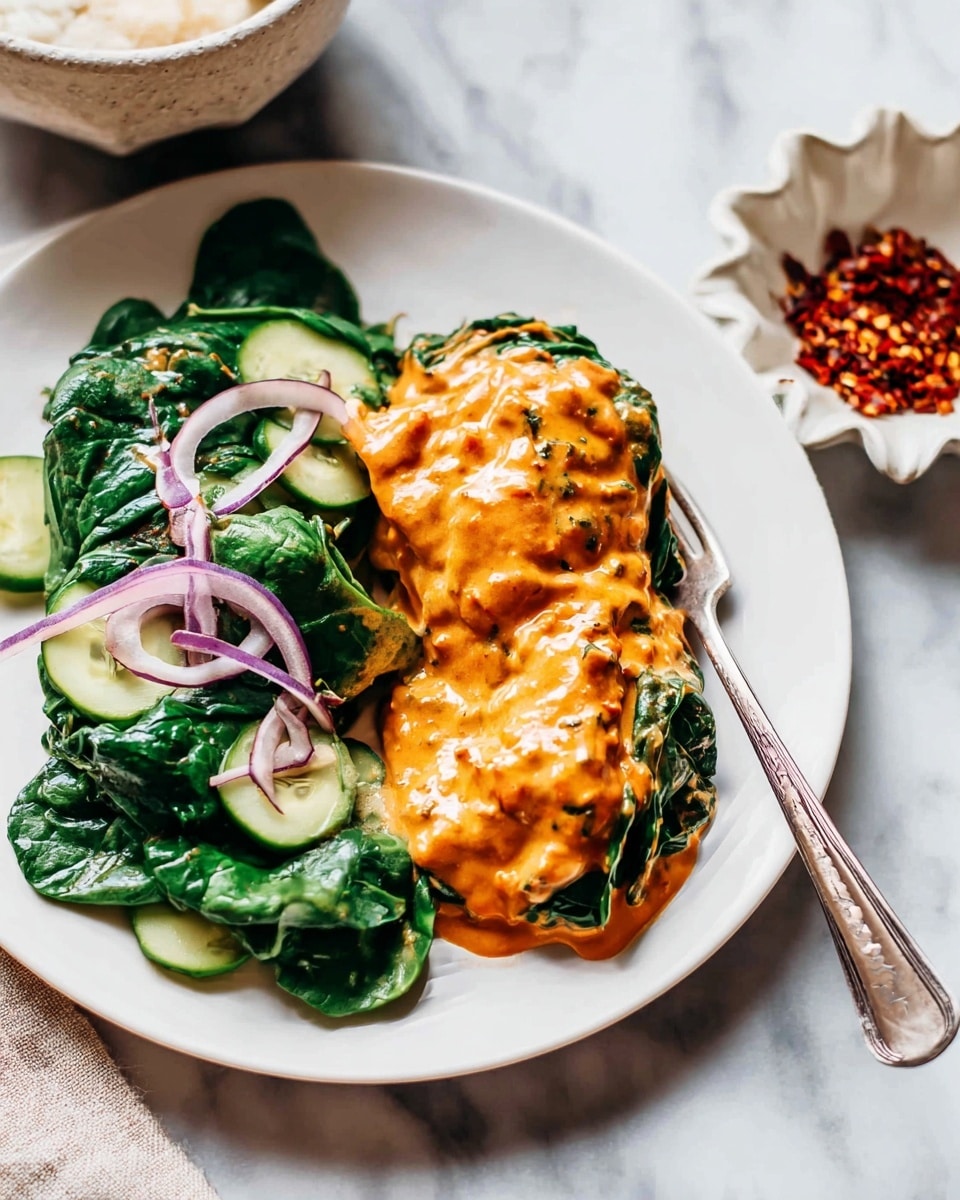 A white plate sits on a white marbled surface holding a dish with two main parts: on the left, fresh dark green spinach leaves layered with pale green cucumber slices and topped with thin purple onion rings; on the right, a thick layer of creamy orange sauce with visible small bits covers wilted spinach, creating a rich textured layer, slightly spilling over the sides. A silver fork rests on the right edge of the plate. In the background, a white bowl with a rough texture holds a light mixture partially visible, and a small white scalloped dish filled with red chili flakes sits nearby. Photo taken with an iphone --ar 4:5 --v 7