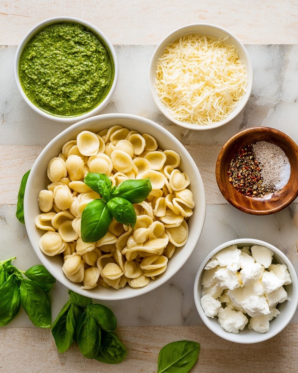 The image shows a white bowl filled with dry, light yellow orecchiette pasta, topped with bright green fresh basil leaves. Around the bowl, there are four smaller white bowls arranged: one with green pesto sauce on the bottom left, one with grated pale-yellow cheese on the bottom right, one with white ricotta cheese on the top right, and one with a mix of salt and pepper on the top left. There is also a small brown bowl with crushed red pepper flakes next to the salt and pepper. The setting is on a white marbled surface, with a few fresh basil leaves scattered near the bottom left. photo taken with an iphone --ar 4:5 --v 7