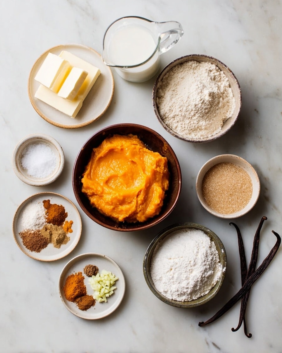 The image shows various ingredients laid out on a white marbled surface. In the center, there is a dark brown bowl filled with bright orange pumpkin puree, smooth in texture. Surrounding it are smaller white and dark bowls and plates holding different ingredients: to the right, a white bowl contains packed light brown sugar; next to it, a small dark bowl has a pinch of white salt. Above the pumpkin, a dark bowl holds white flour, and beside it, a small round plate has a mix of ground spices in shades of brown and orange. On the left side, a white plate holds two light yellow butter sticks, and nearby, a small white plate has pale green minced ginger. Two dark brown vanilla pods lie horizontally beside the plates. At the top right, a clear glass jug filled with white milk completes the arrangement. All items are neatly spaced for a clear view, photo taken with an iphone --ar 4:5 --v 7