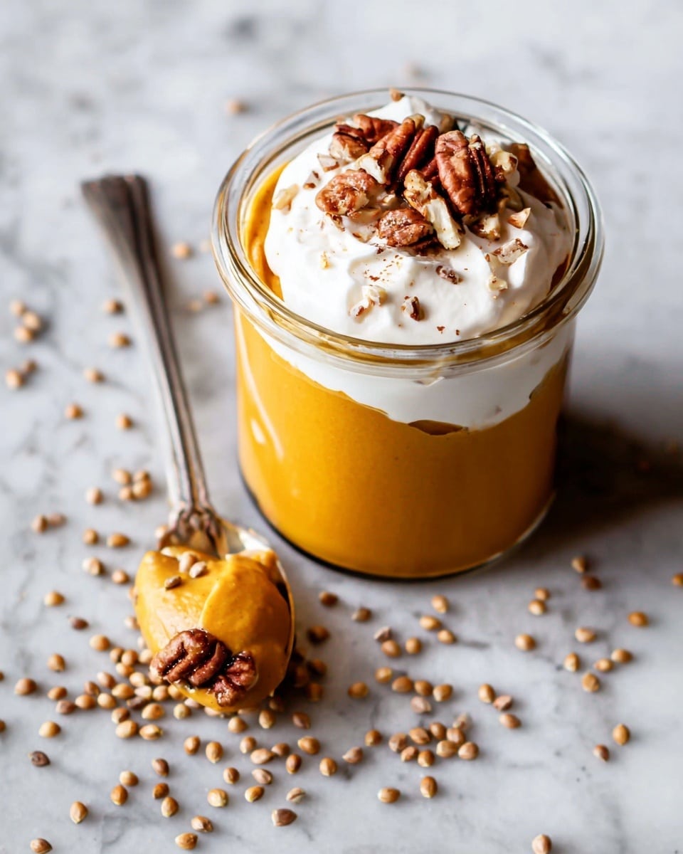 A clear glass jar with three layers: the bottom layer is smooth orange pumpkin puree, the top layer is white whipped cream with a light, soft texture partially mixed into the puree, and the very top is sprinkled with chunky brown pecan nuts and small tan buckwheat groats. Next to the jar, a silver spoon holds a scoop of the puree and whipped cream, with some pecans on top. The jar sits on a white marbled surface scattered with buckwheat groats. Photo taken with an iphone --ar 4:5 --v 7