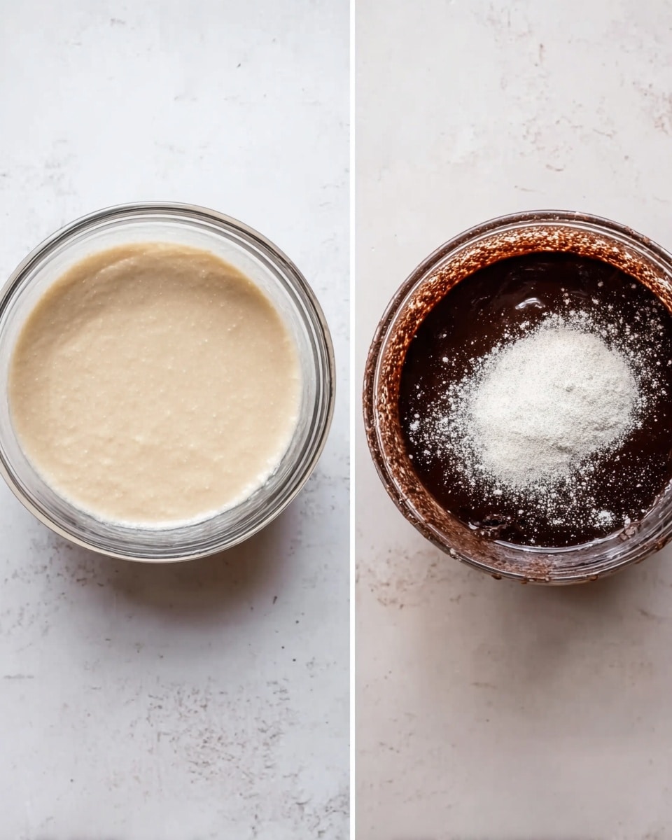 The image shows two clear glass bowls side by side on a white marbled surface. The bowl on the left contains a light beige, smooth batter with a creamy texture, filling about one-third of the bowl. The bowl on the right has a dark brown chocolate mixture with some white powder sprinkled on top, contrasting sharply with the mix below. Both bowls are round and simple, with no visible decorations. photo taken with an iphone --ar 4:5 --v 7