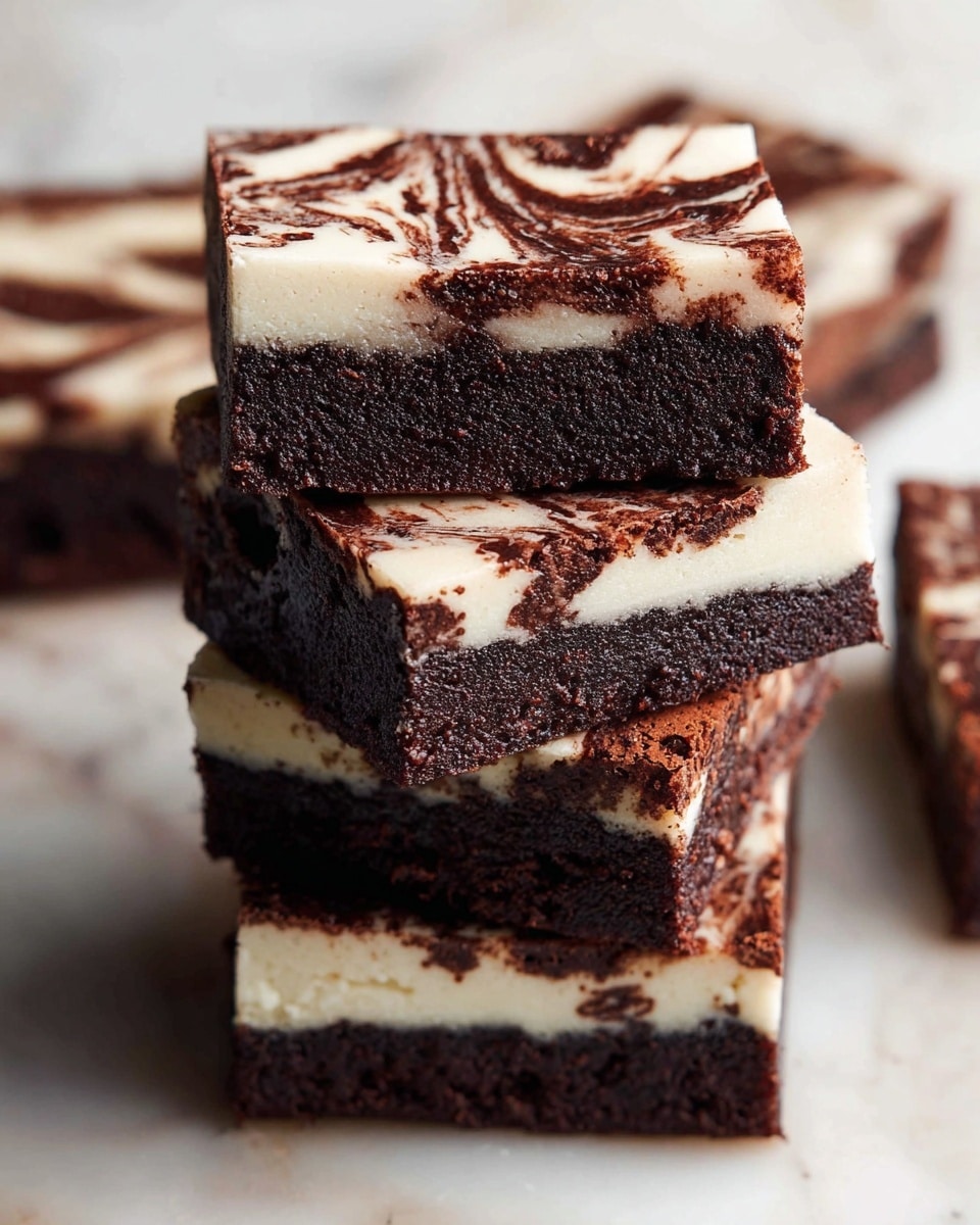 The image shows four rectangular brownie bars stacked closely on a white marbled surface. Each bar has two layers: a thick, dark brown chocolate base with a dense and moist texture, and a thinner white layer on top with a smooth, creamy look. The white layer is marbled with dark chocolate swirls, creating a mixed pattern on each piece. The edges of the bars are clean and sharp, showing the contrast between the dark chocolate and the white layer clearly. Photo taken with an iphone --ar 4:5 --v 7