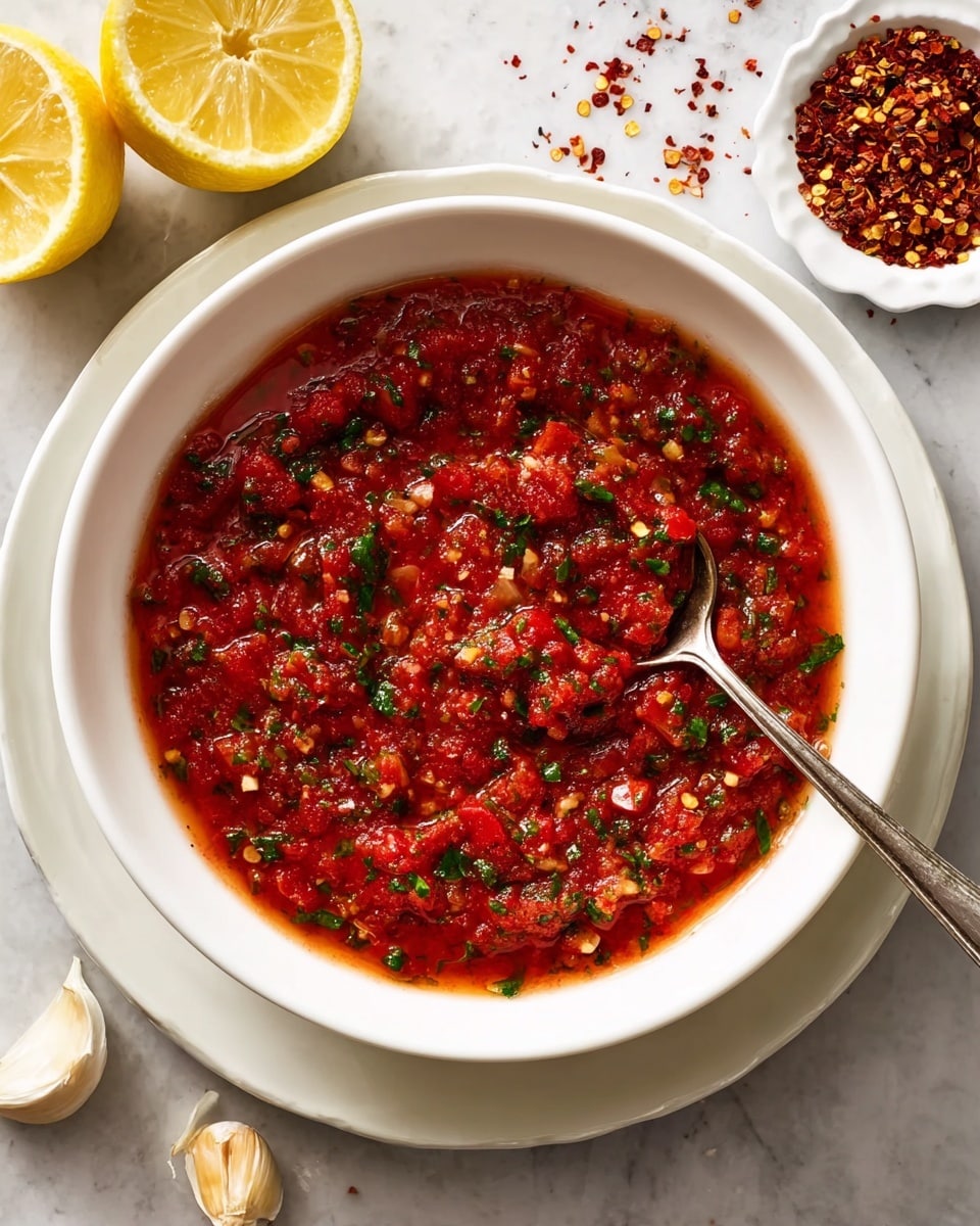 A white bowl filled with a thick red sauce made of chopped tomatoes, green herbs, and small bits of garlic, sitting on a matching white plate. The sauce looks oily with a shiny surface. A silver spoon rests inside the bowl on the left side. Around the bowl on a white marbled surface are two lemon halves with a bright yellow color and two garlic cloves. Near the top right, a small white plate holds crushed red pepper flakes. Photo taken with an iphone --ar 4:5 --v 7