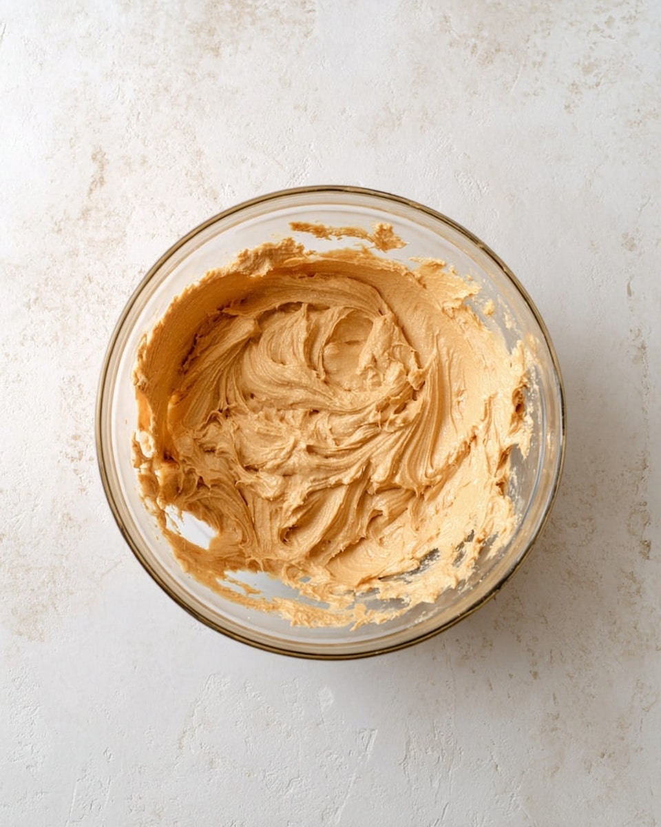 A clear glass bowl holds a thick, light brown batter with a creamy, smooth texture and some soft ridges formed from mixing. The batter fills half of the bowl, with some spread on the sides showing its stickiness. The bowl sits on a white marbled texture surface. photo taken with an iphone --ar 4:5 --v 7