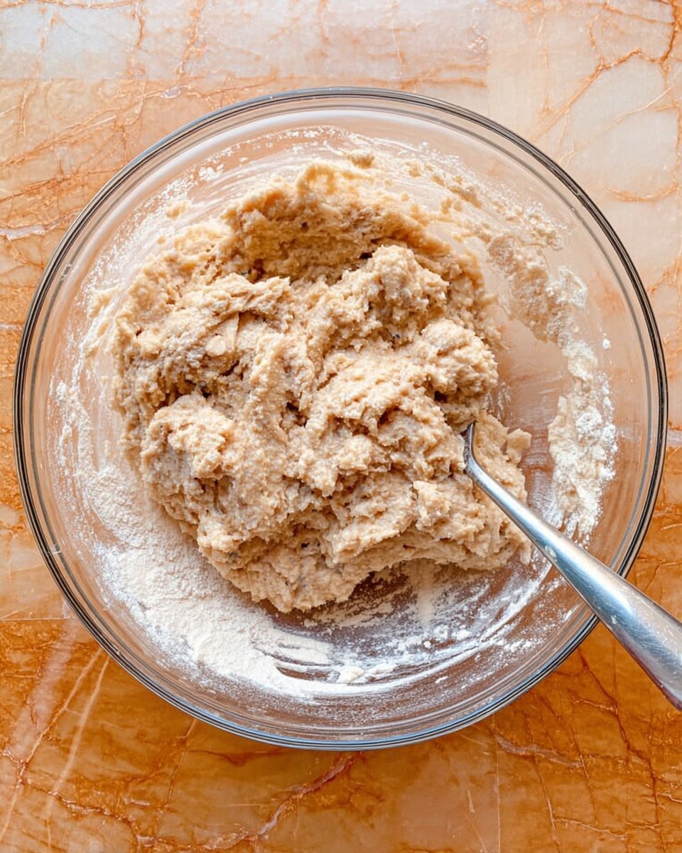 A clear glass mixing bowl filled with thick, light tan dough mixed with small chunks and flour powder dusted on the sides. A silver spoon is partially buried in the dough on the right side of the bowl. The bowl is placed on a white marbled surface with warm tones reflecting softly. photo taken with an iphone --ar 4:5 --v 7