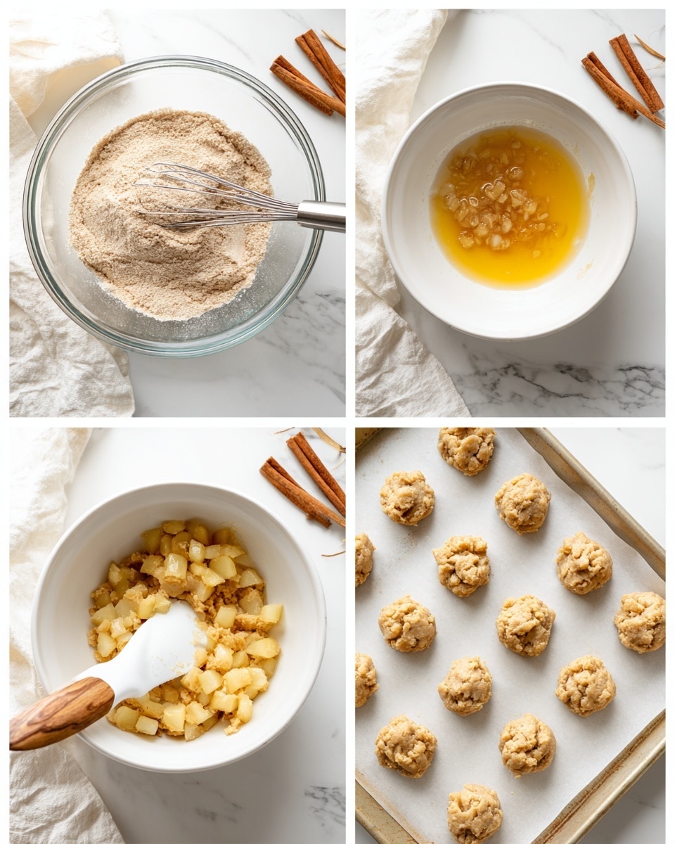 A clear white bowl shows four stages of making cookie dough on a white marbled surface. The first stage (top left) has a bowl filled with light brown dry flour mixture and a metal whisk inside. The second stage (top right) shows melted yellow butter with some brown vanilla or syrup on top. The third stage (bottom left) has the butter mixture partly mixed with light brown dough and many small, pale yellow fruit pieces being folded in with a white spatula with a wooden handle. The last stage (bottom right) displays round, chunky cookie dough balls placed on a white paper-lined baking tray, each with visible small pale fruit cubes, ready to bake. A white cloth and cinnamon sticks are nearby in some images. photo taken with an iphone --ar 4:5 --v 7