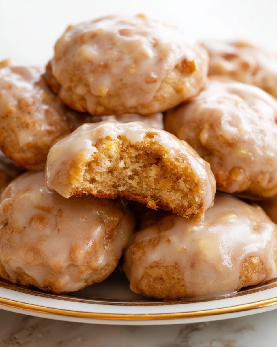 The image shows a close-up of a plate filled with round, golden-brown cookies covered with a light, shiny glaze. The cookies have a rough, bumpy texture with small bits visible inside and one cookie is placed on top with a bite taken out, showing a soft, crumbly inside that is light tan. The cookies are stacked closely together on a white plate with a thin gold rim, set on a white marbled surface. photo taken with an iphone --ar 4:5 --v 7