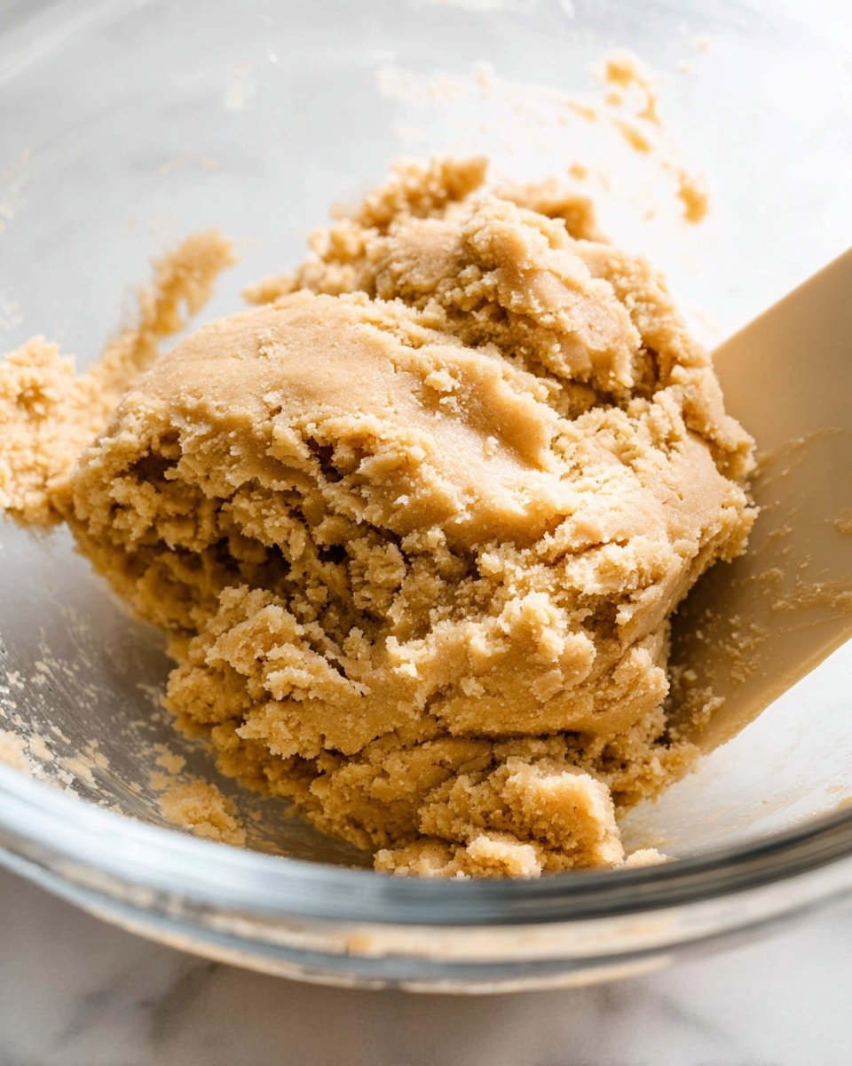 A close-up view of a single large mound of light brown cookie dough with a crumbly and slightly rough texture, resting in a clear glass bowl on a white marbled surface. The dough looks thick and soft, with small granules visible throughout. A beige spatula is partially visible on the right side, partly covered by the dough. The overall setting is bright with soft natural light. photo taken with an iphone --ar 4:5 --v 7