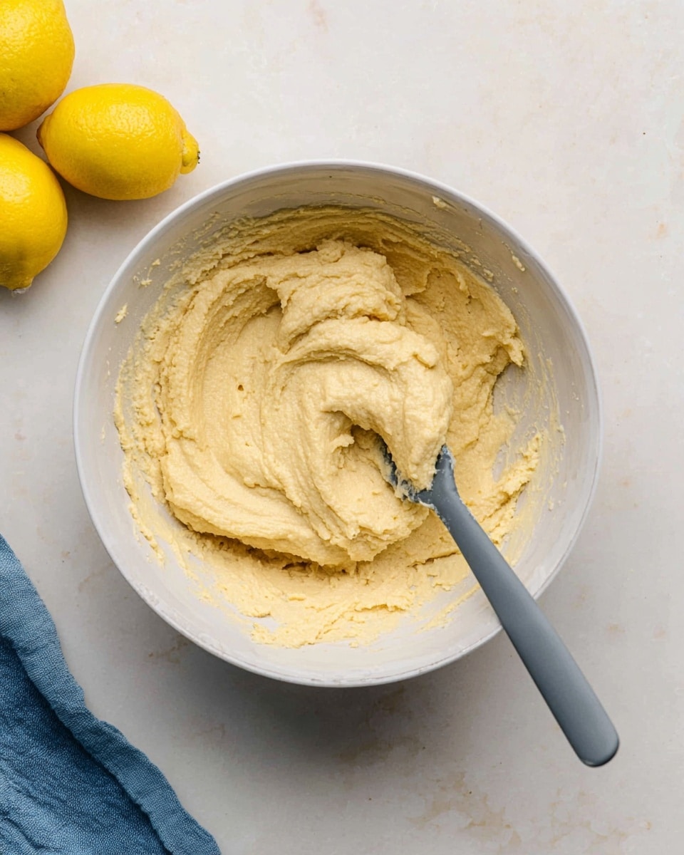 A white bowl holds a thick, creamy pale yellow dough with a smooth, slightly fluffy texture. A gray spoon stands inside the bowl, partially submerged in the dough with some dough clinging to it. The bowl is placed on a white marbled surface. At the top left of the image, there are three bright yellow lemons, and at the bottom left corner, part of a blue cloth is visible. The overall scene is well lit, showing soft shadows and natural colors. photo taken with an iphone --ar 4:5 --v 7