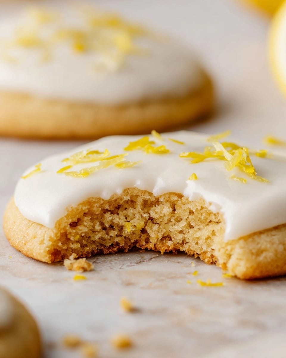 A close-up view of a soft cookie with one bite taken out of its front, showing a light golden brown crumb inside. The cookie is topped with a smooth, thick white icing layer that spreads evenly across the top, decorated with small yellow lemon zest bits scattered lightly on the surface. The cookie rests on a white marbled texture, with some cookie crumbs nearby and another cookie blurred out in the background. Photo taken with an iphone --ar 4:5 --v 7