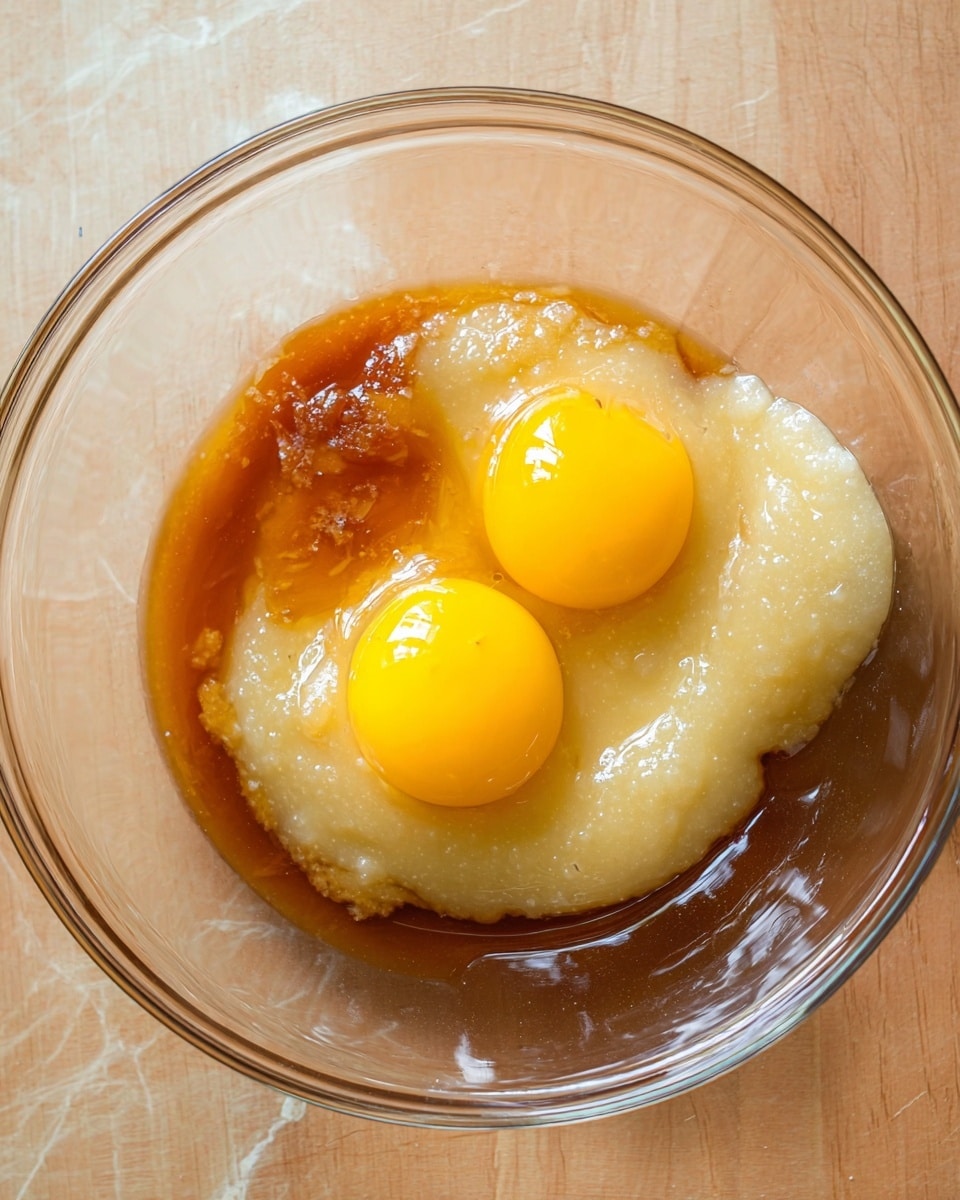 A clear glass bowl holds two bright yellow egg yolks sitting on top of a thick, light beige puree with a slightly grainy texture. Around the puree, amber-colored syrup pools in some spots, creating a smooth, glossy layer mixed with the puree. The image is focused from above, showing the mixture's fresh and wet textures clearly against a wooden surface replaced by a white marbled texture. photo taken with an iphone --ar 4:5 --v 7