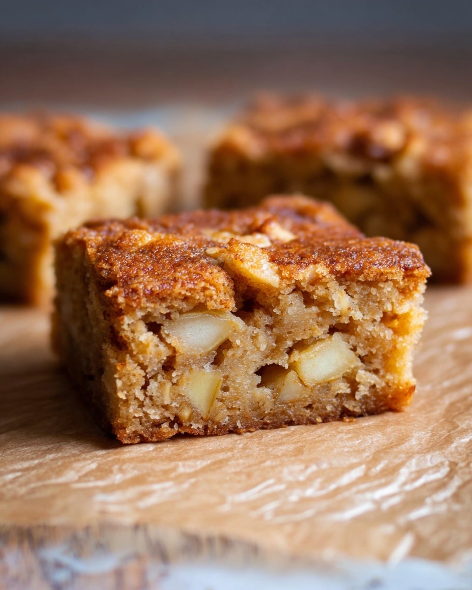 The image shows a close-up of a single square piece of apple cake resting on crinkled parchment paper over a wooden surface with a white marbled texture background. The cake has one visible layer that is light brown with a moist and crumbly texture, filled with small chunks of pale yellow apple pieces scattered evenly throughout. The top is slightly darker, showing a caramelized crust with a sugar-coated grainy texture. In the blurred background, two more pieces of the same cake are visible, maintaining the focus on the front piece. photo taken with an iphone --ar 4:5 --v 7