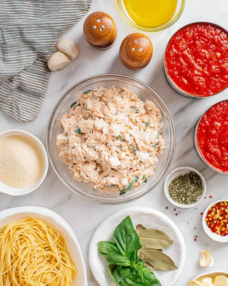 The image shows a top-down view of cooking ingredients arranged on a white marbled surface. In the center is a glass bowl filled with a mixture of pale minced chicken blended with herbs and small white pieces, likely onions or garlic. Around it, there are two open cans of bright red crushed tomatoes, a white bowl of plain cooked spaghetti, a small white plate with fresh green basil leaves, and another small white dish with two bay leaves. There is also a white bowl filled with light beige breadcrumbs, a smaller glass bowl containing mixed dried Italian herbs, a small clear container holding red chili flakes, a small beige dish with peeled garlic cloves, and a white bowl containing a yellow liquid, presumably oil. Two wooden pepper grinders sit near the top center, and a striped gray and white cloth napkin is partially visible on the left side. The photo taken with an iphone --ar 4:5 --v 7
