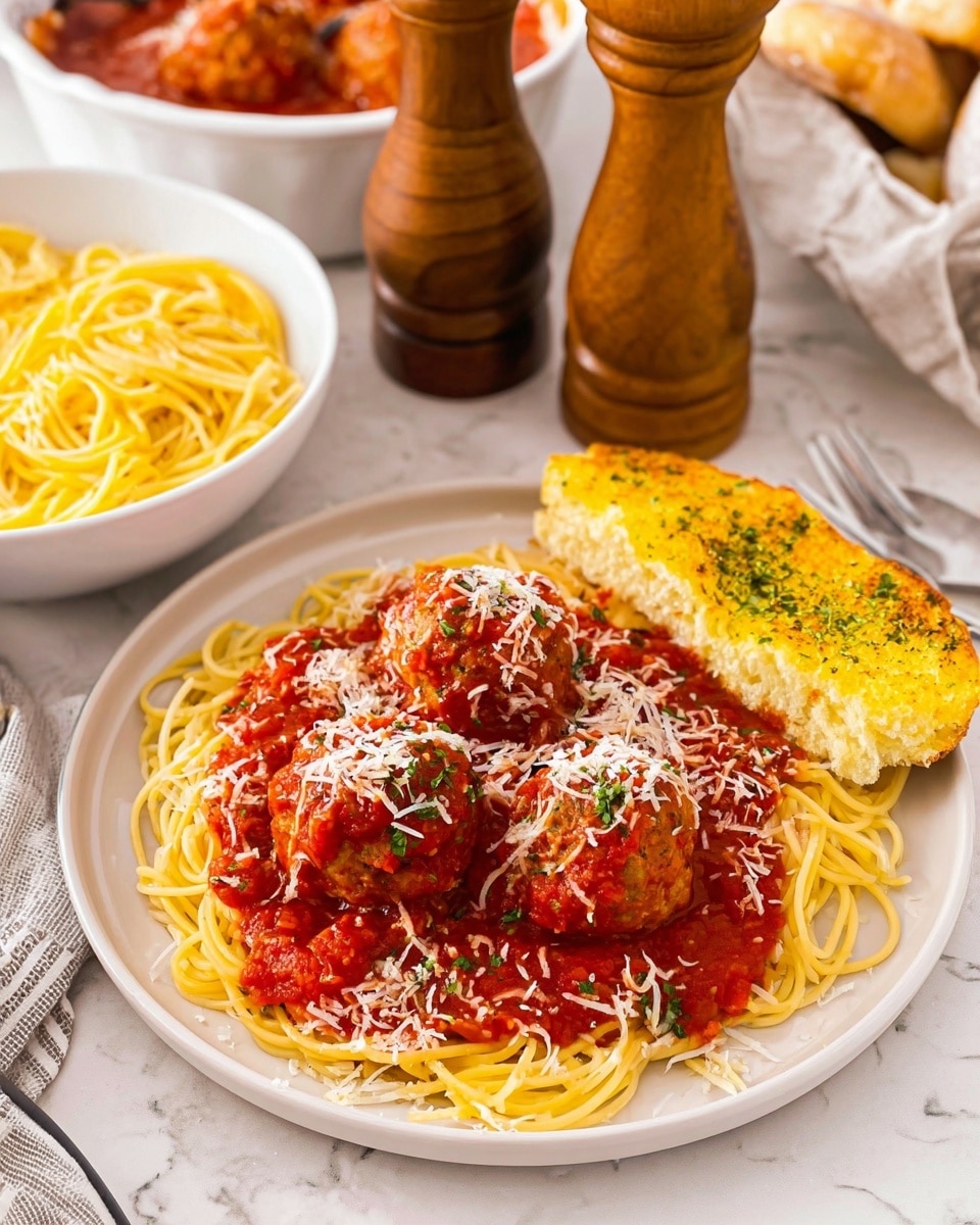 A white plate holds a base layer of plain yellow spaghetti noodles, topped with three large, round meatballs covered in bright red tomato sauce with chunks of tomato. The meatballs are sprinkled with shredded white cheese and small green basil pieces. At the top right of the plate, there is a piece of yellow garlic bread with a slightly crispy texture and green herb bits. In the background, a white bowl filled with plain yellow spaghetti noodles and a white bowl with meatballs in red sauce are visible. Two wooden pepper and salt grinders stand behind the plate. The surface underneath is a white marbled texture. Photo taken with an iphone --ar 4:5 --v 7