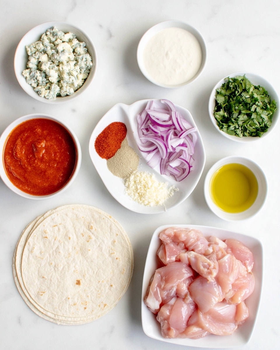 The image shows a top view of multiple ingredients arranged neatly on a white marbled surface. At the center right, there is a white bowl filled with raw, pink chicken pieces with a smooth texture. To the bottom left of the chicken, a white bowl is filled with a smooth, red sauce. Above the red sauce, there are three small white round tortillas stacked. Near the center top, a square white dish holds four piles of dry spices with three light beige clumps and one bright red pile in the center. To the top left is a white bowl with crumbly, pale-colored blue cheese. Next to it, a small square white bowl contains thick, white sauce. Above the chicken at the top right corner, a small square white plate holds chopped bright green herbs and thinly sliced rings of purple-red onion. Finally, at far right, a small white bowl holds a yellow liquid, likely oil. Everything is placed on a clean white marbled surface, well spaced and clearly visible, photo taken with an iphone --ar 4:5 --v 7