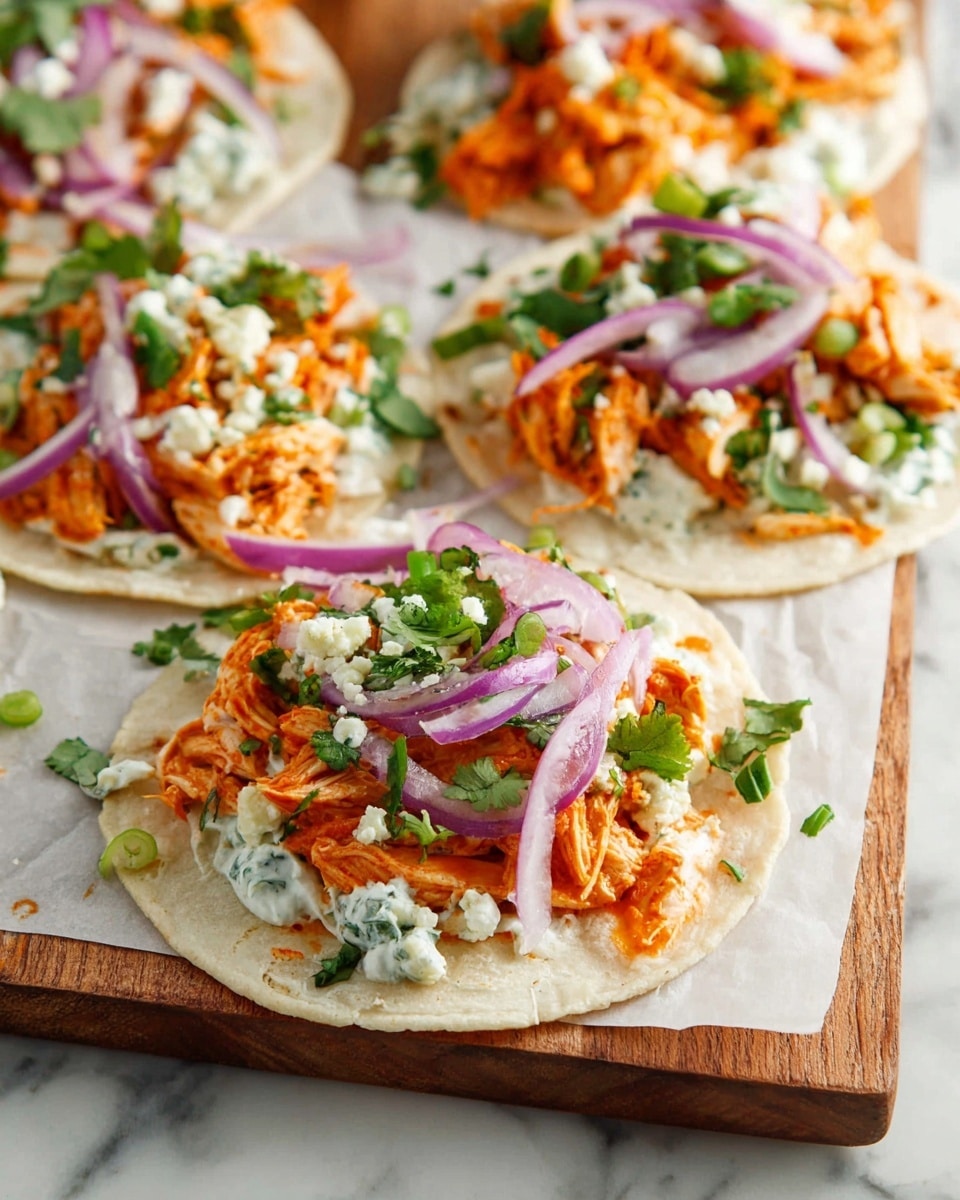 The image shows several small white soft tortillas laid on white parchment paper on a wooden board. Each tortilla has three main visible layers: the base layer is white sauce with a creamy texture spread evenly, the middle layer features shredded chicken coated in a bright orange sauce, and the top layer is made of thin slices of purple onion, small green chopped herbs like cilantro, chopped green onions, and small bits of white crumbly cheese. The colors are vibrant with the orange chicken, green herbs, purple onion, and creamy white sauce standing out. The background has a white marbled texture. Photo taken with an iphone --ar 4:5 --v 7