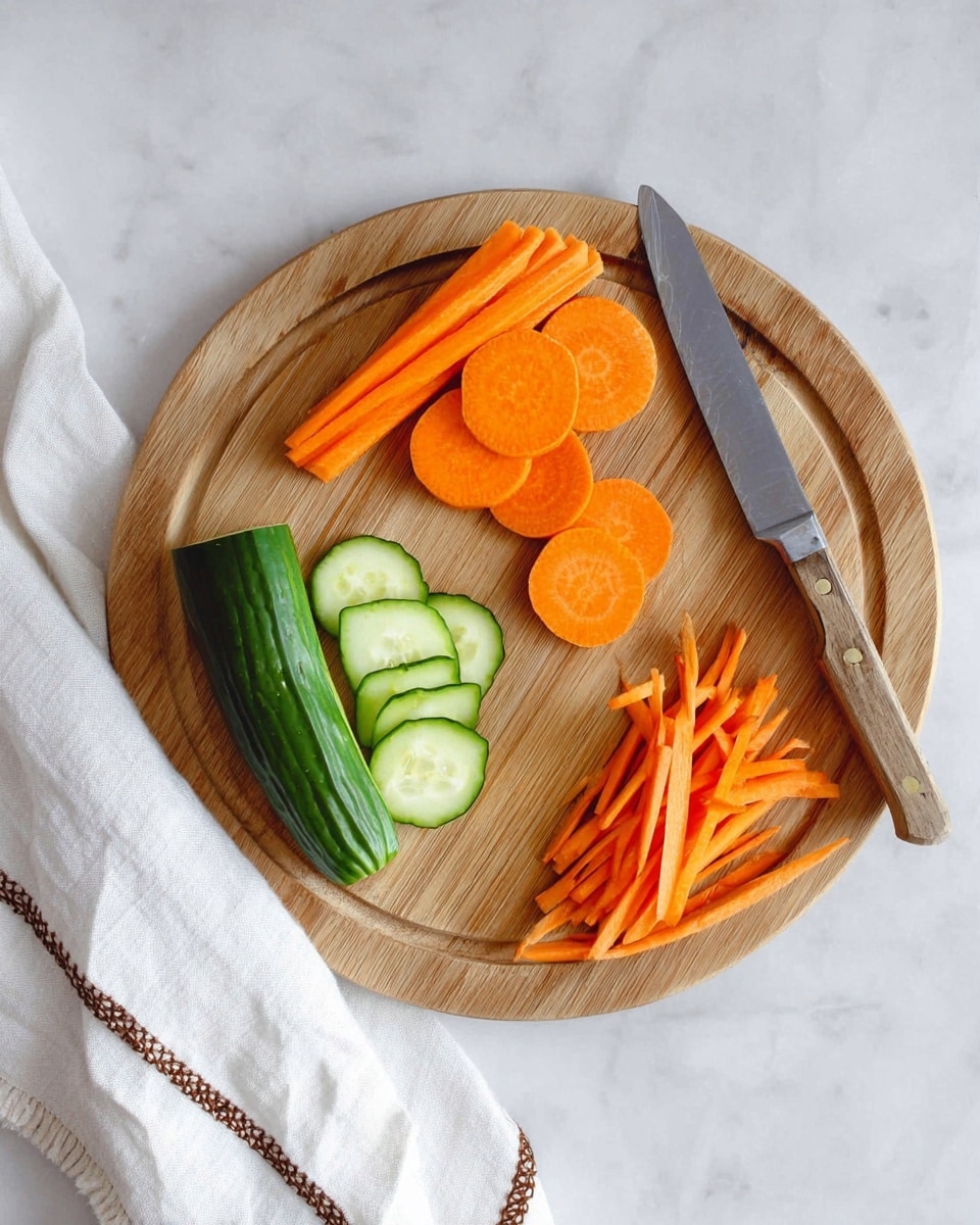A round wooden cutting board rests on a white marbled surface, featuring a half cucumber and a carrot. The carrot is shown in three forms: one large piece on the top left, several round slices arranged below it, and thin julienne strips at the bottom. To the right of the vegetables, a knife with a wooden handle and metal blade is placed diagonally. A white cloth with brown stitching lies partly on the lower edge of the board. photo taken with an iphone --ar 4:5 --v 7