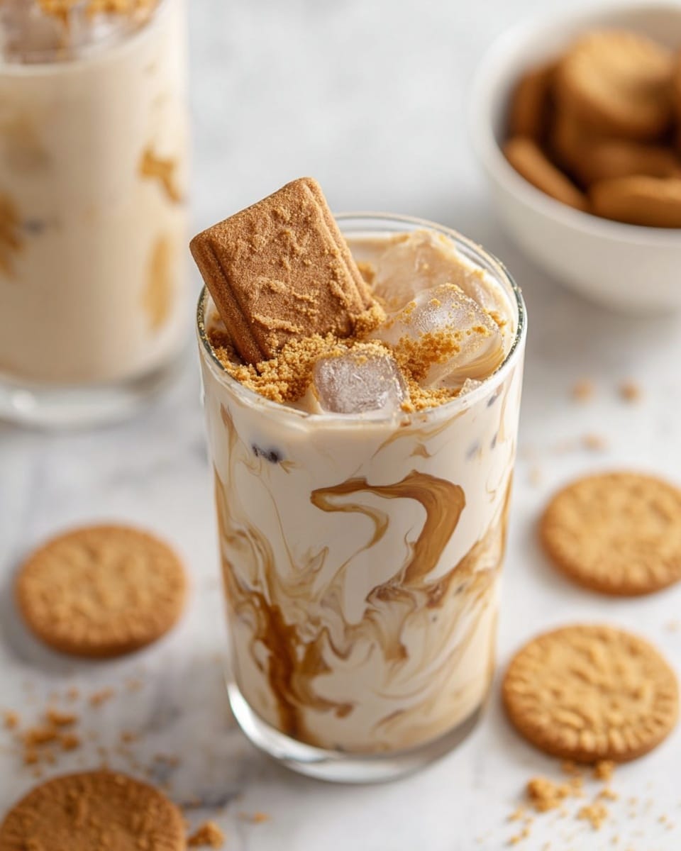 A clear glass filled with a creamy beige iced drink with visible ice cubes inside, decorated with swirls of light brown syrup inside the glass. On the top layer, there are crushed light brown cookie crumbs scattered over the drink, with a whole rectangular light brown cookie standing upright in the iced drink. Around the glass, there are more light brown cookies placed on a white marbled surface. In the background, a white bowl filled with similar cookies and another glass with the same drink and syrup decoration are slightly blurred. Photo taken with an iphone --ar 4:5 --v 7