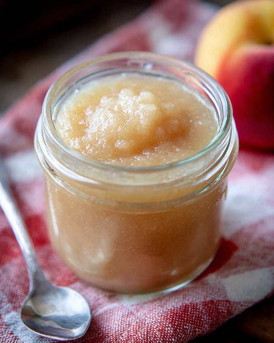 A clear glass jar filled with light beige apple sauce that has a smooth, slightly chunky texture on top. The jar sits on a red and white checkered cloth, with a small silver spoon placed beside it on the cloth. To the right, a peach or nectarine with a reddish-yellow skin is partially visible. The background is softly blurred to focus on the jar and sauce. photo taken with an iphone --ar 4:5 --v 7