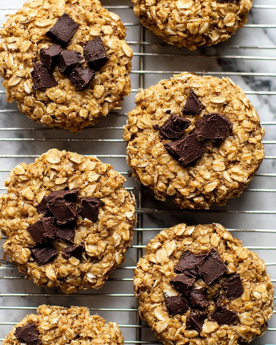 The image shows several round cookies with a bumpy texture of oats, arranged close together on a metal cooling rack. Some cookies are plain, light golden oats in color with a rough surface, while others have dark brown chunks of chocolate scattered unevenly on the top layer, adding contrast. The cookies appear thick and soft with rough edges. The background surface is a white marbled texture. Photo taken with an iphone --ar 4:5 --v 7