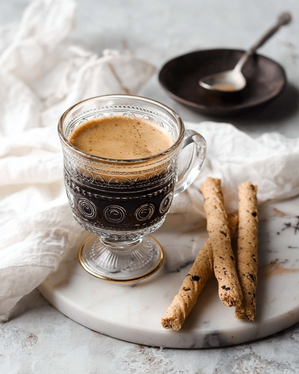 A clear glass cup with ornate round patterns holds a dark brown coffee with a light brown foamy layer on top; the cup sits on a soft white cloth, which is placed on a round white marble board. To the right of the cup, there are four light brown rolled wafer sticks with dark spots, arranged parallel on the white marble surface. In the back, a dark round dish with a silver spoon rests on the white marbled texture. photo taken with an iphone --ar 4:5 --v 7