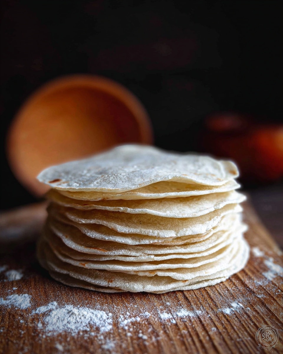 A stack of about ten thin, round flatbreads with a soft white color and a slightly powdery texture rests in the center of a smooth wooden board. The flatbreads are evenly layered, one on top of the other, creating a neat and balanced pile. Around the base of the stack, a light dusting of white flour is scattered on the wooden surface. The background is dark and out of focus, with a blurred round object in warm brown tones visible in the distance. The scene is lit softly, highlighting the gentle texture of the flatbreads and the natural wood grain below. photo taken with an iphone --ar 4:5 --v 7